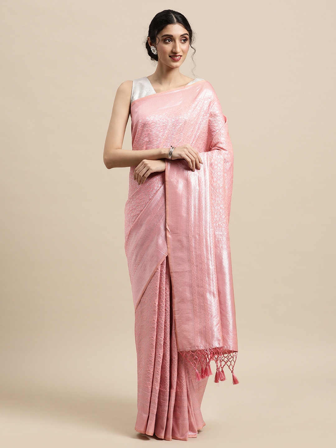 

VASTRANAND Pink & Silver-Toned Woven Design Zari Silk Blend Kanjeevaram Saree