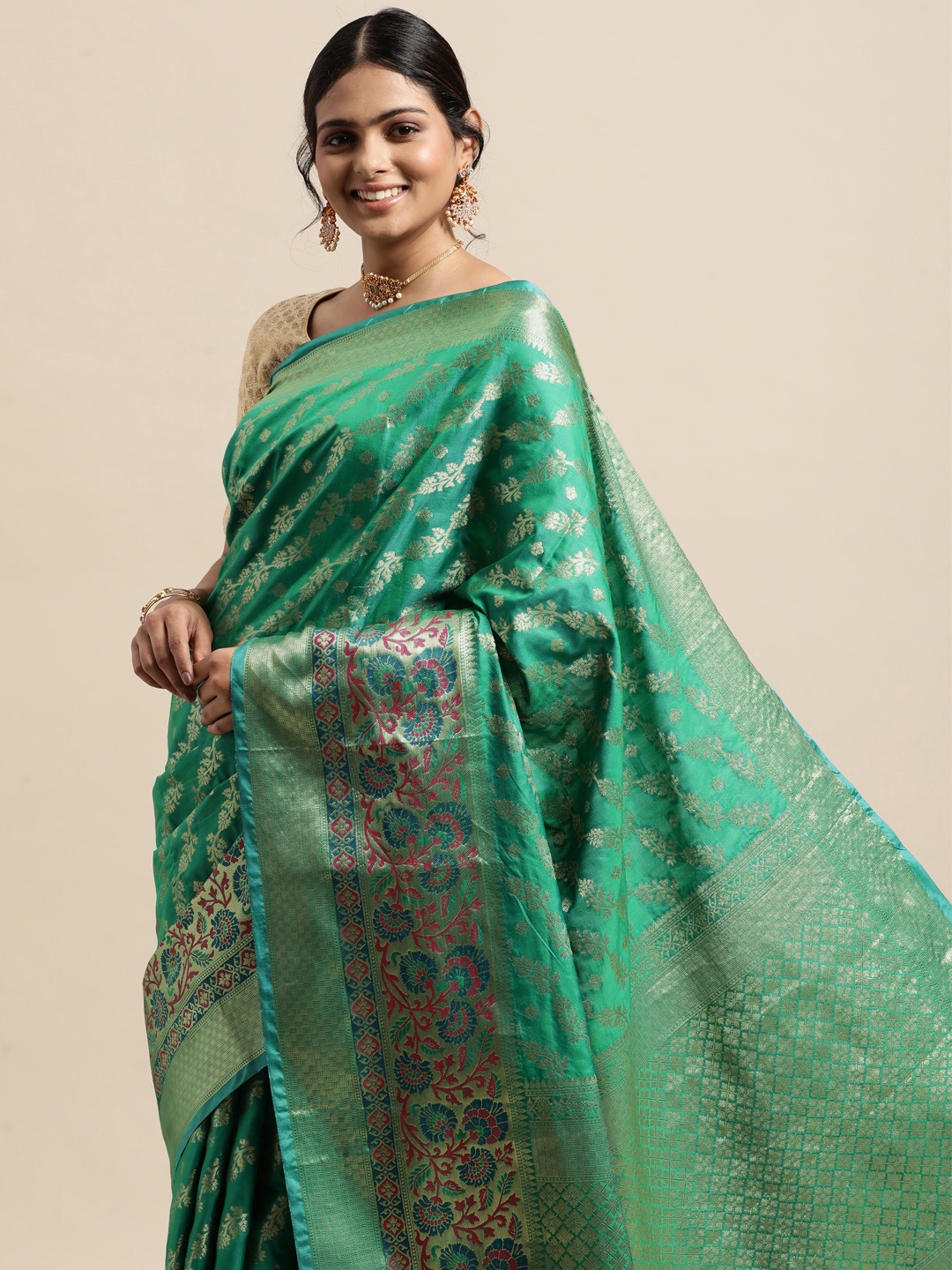 

VASTRANAND Teal & Silver-Toned Leheriya Zari Silk Blend Kanjeevaram Saree