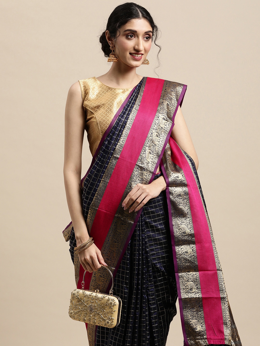 

VASTRANAND Navy Blue & Gold-Toned Checked Zari Silk Blend Banarasi Saree
