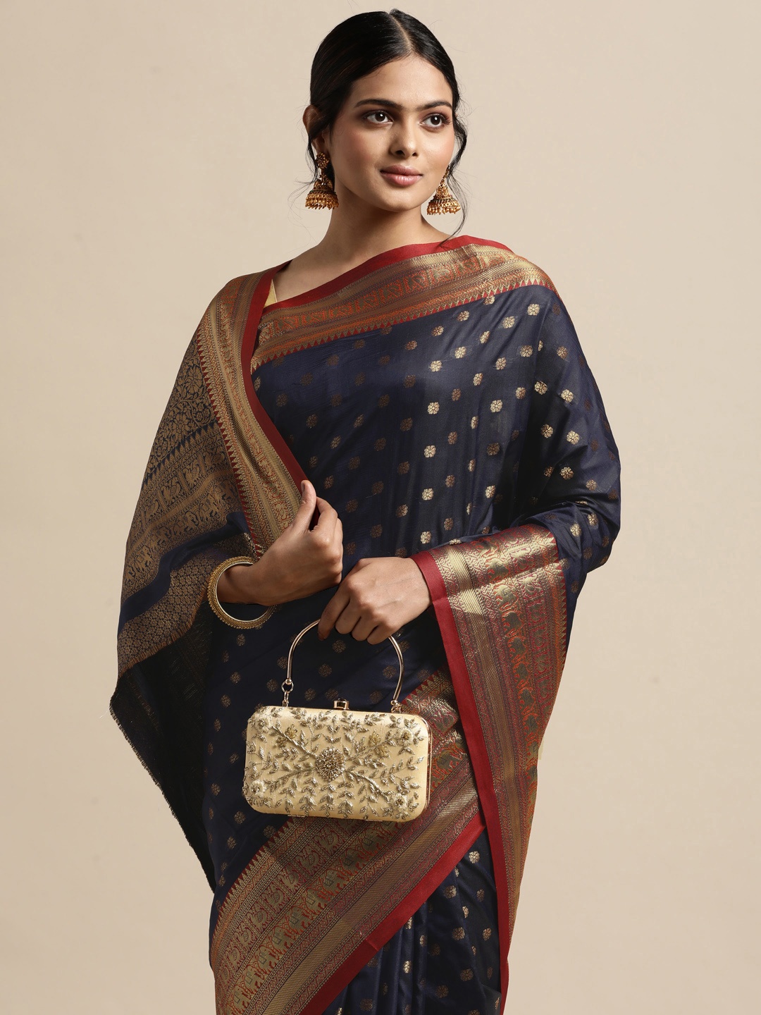 

VASTRANAND Navy Blue & Gold-Toned Ethnic Motifs Zari Silk Blend Banarasi Saree