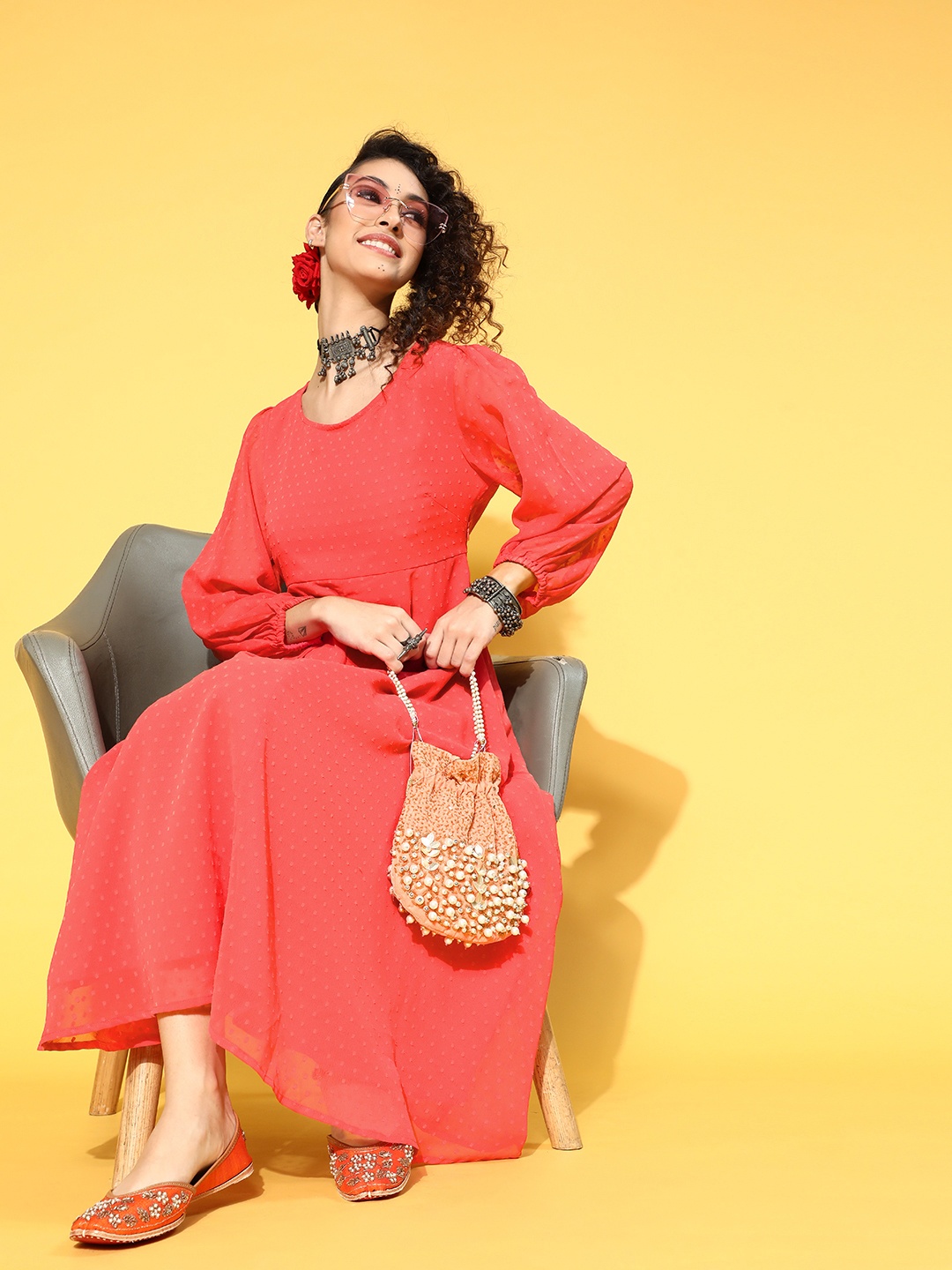 

Anouk Coral Red Dobby Weaved A-Line Midi Dress