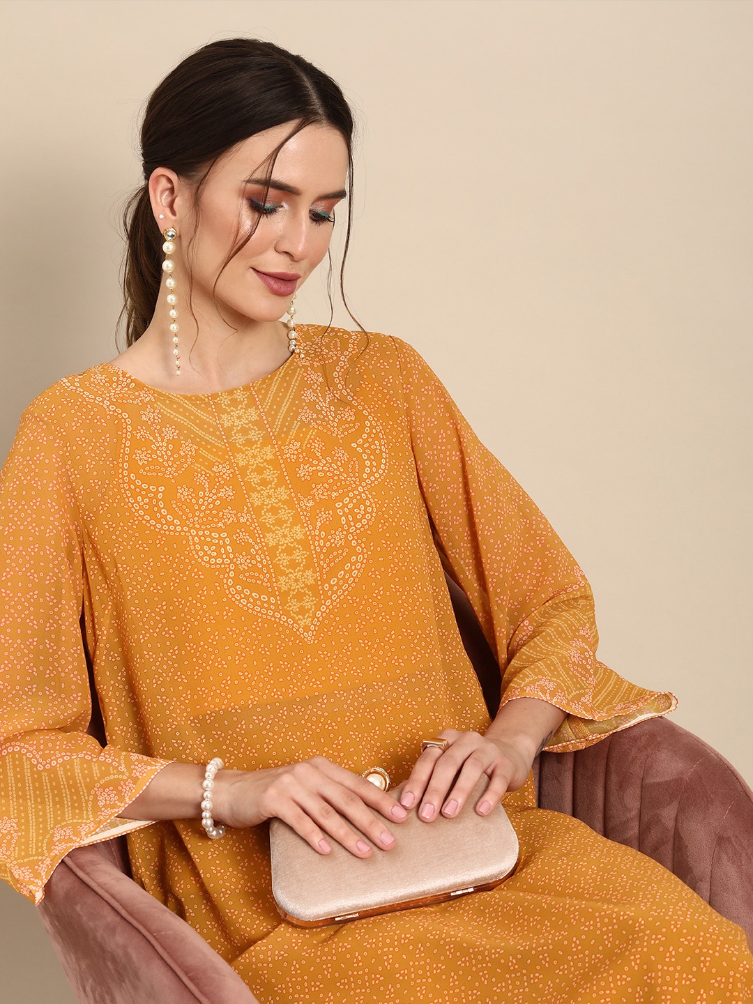 

Anouk Women Mustard Yellow & Off White Bandhani Printed Flared Sleeves Quirky Kurta
