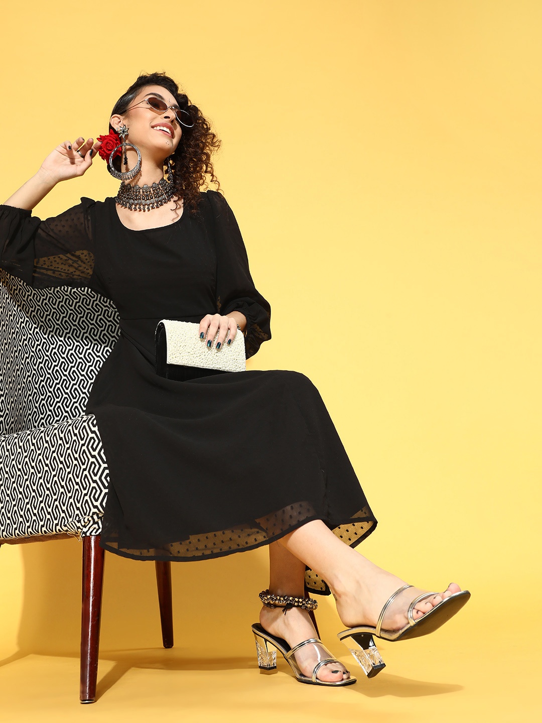 

Anouk Black Dobby Weaved A-Line Midi Dress