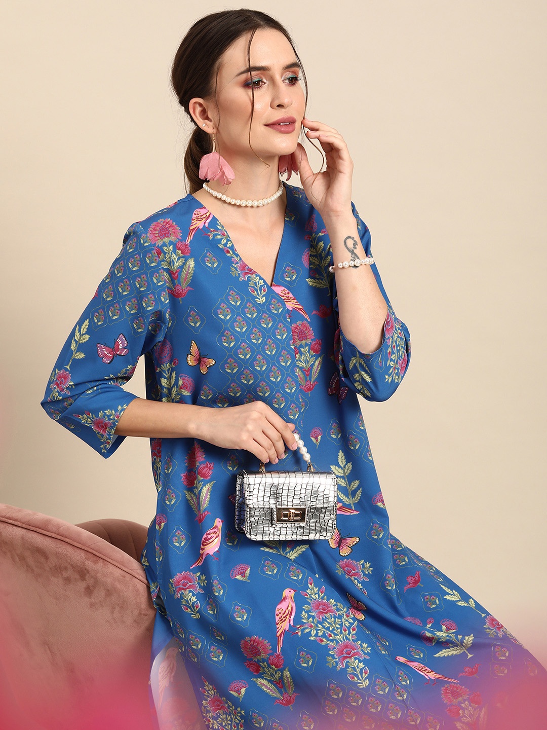 

Anouk Women Blue Ethnic Motifs Printed Kurta With Trousers
