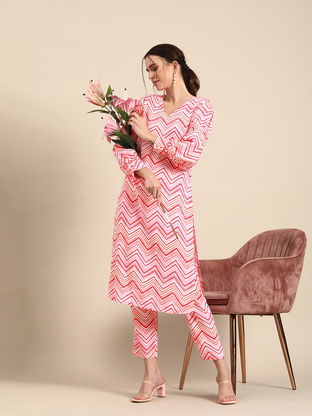 

Anouk Women Red Leheriya Printed Kurta with Trousers