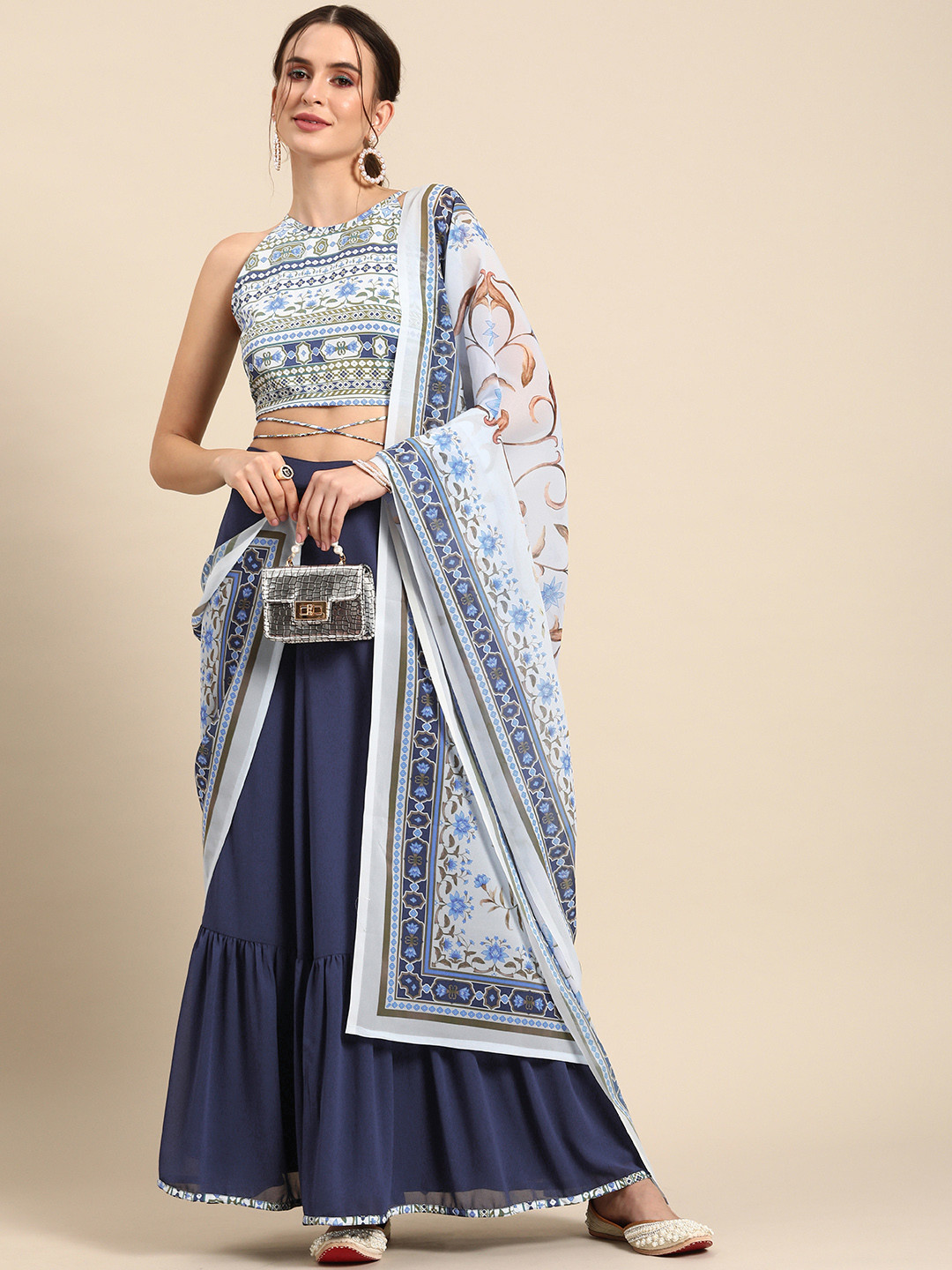 

Anouk Women Navy Blue & Off White Printed Ready to Wear Lehenga Choli with Dupatta