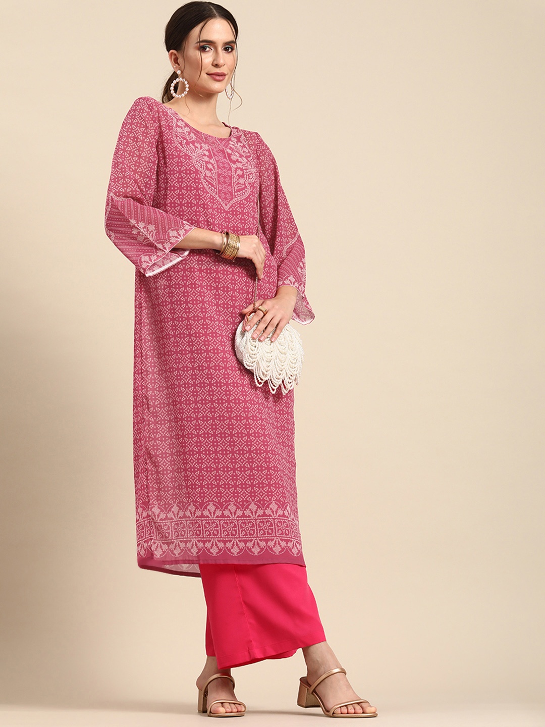 

Anouk Women Pink & Mustard Yellow Bandhani Printed Straight Kurta