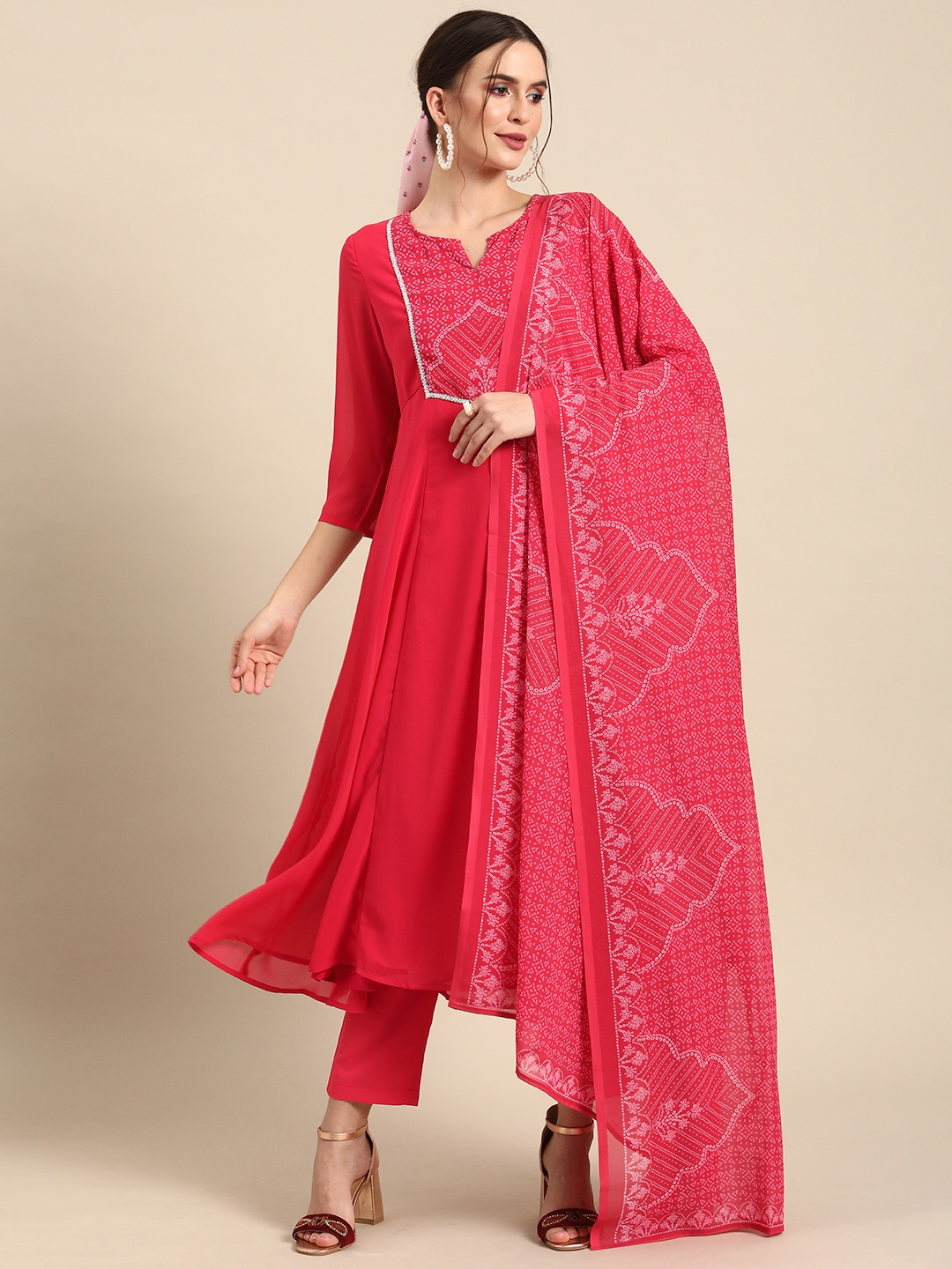 Anouk Women Pink Bandhani Printed Kurta With Trousers & With Dupatta