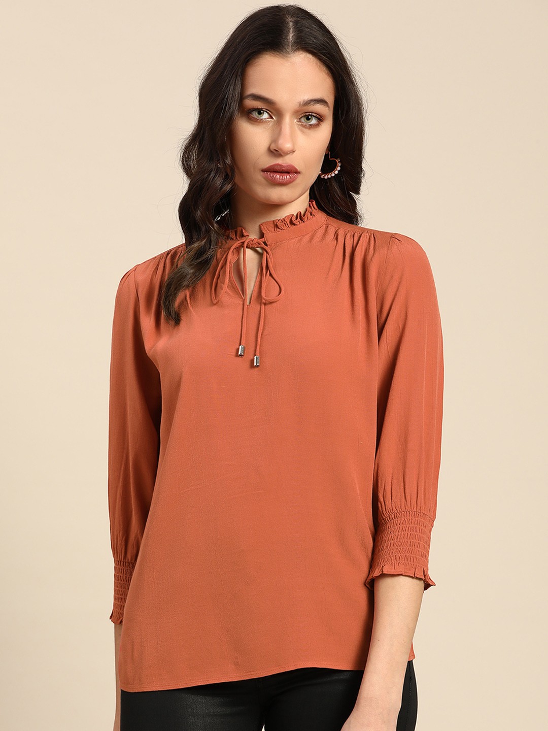 

COVER STORY Rust Tie-Up Neck Bishop Sleeves Top