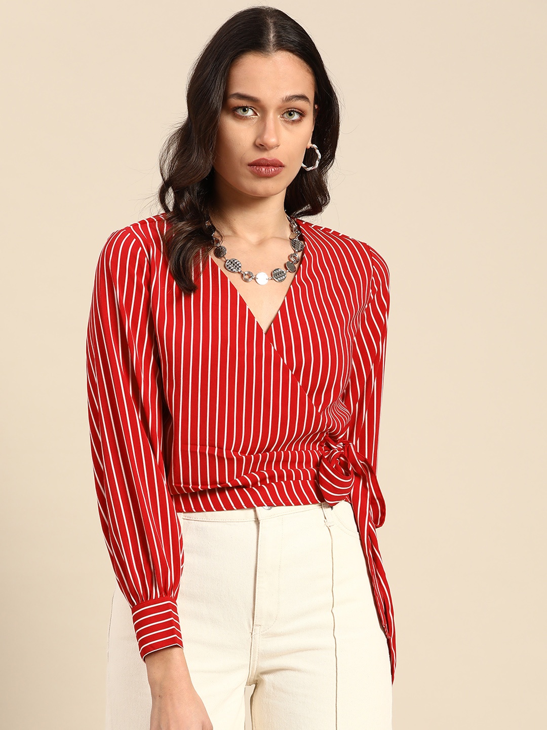 

COVER STORY Red & White Striped Wrap Top