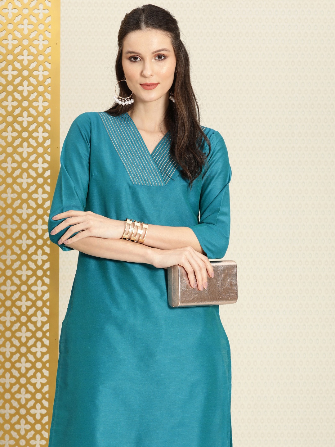 

House of Pataudi Women Teal Blue Stripe Embroidered Thread Work Rozama Kurta