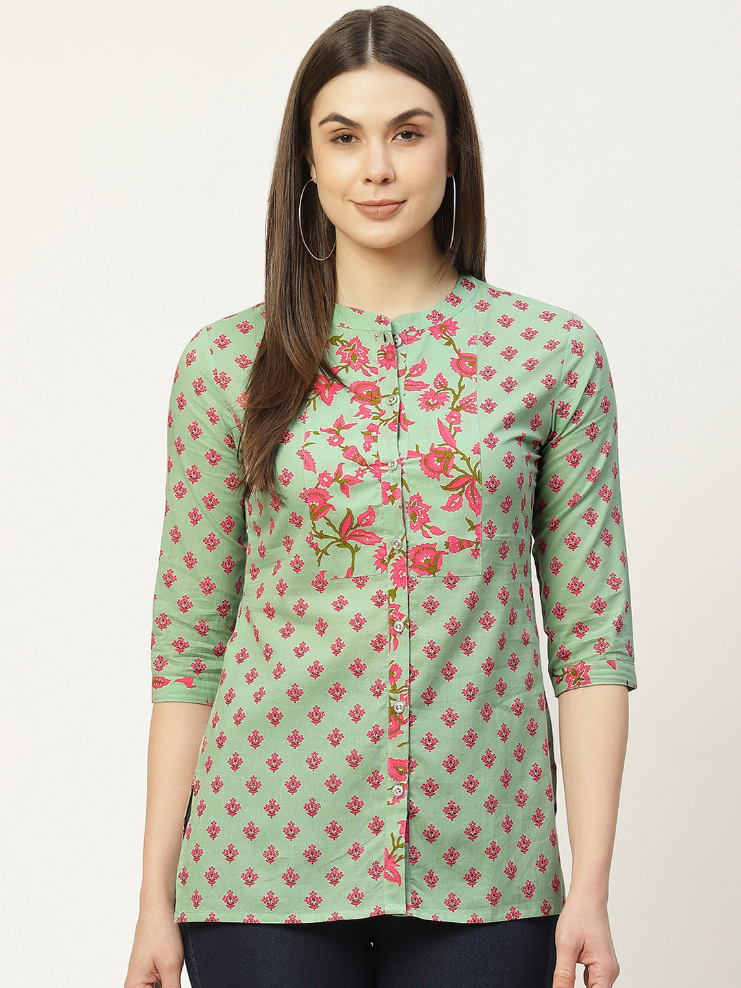 

FABRIC FITOOR Sea Green & Pink Pure Cotton Floral Print Top