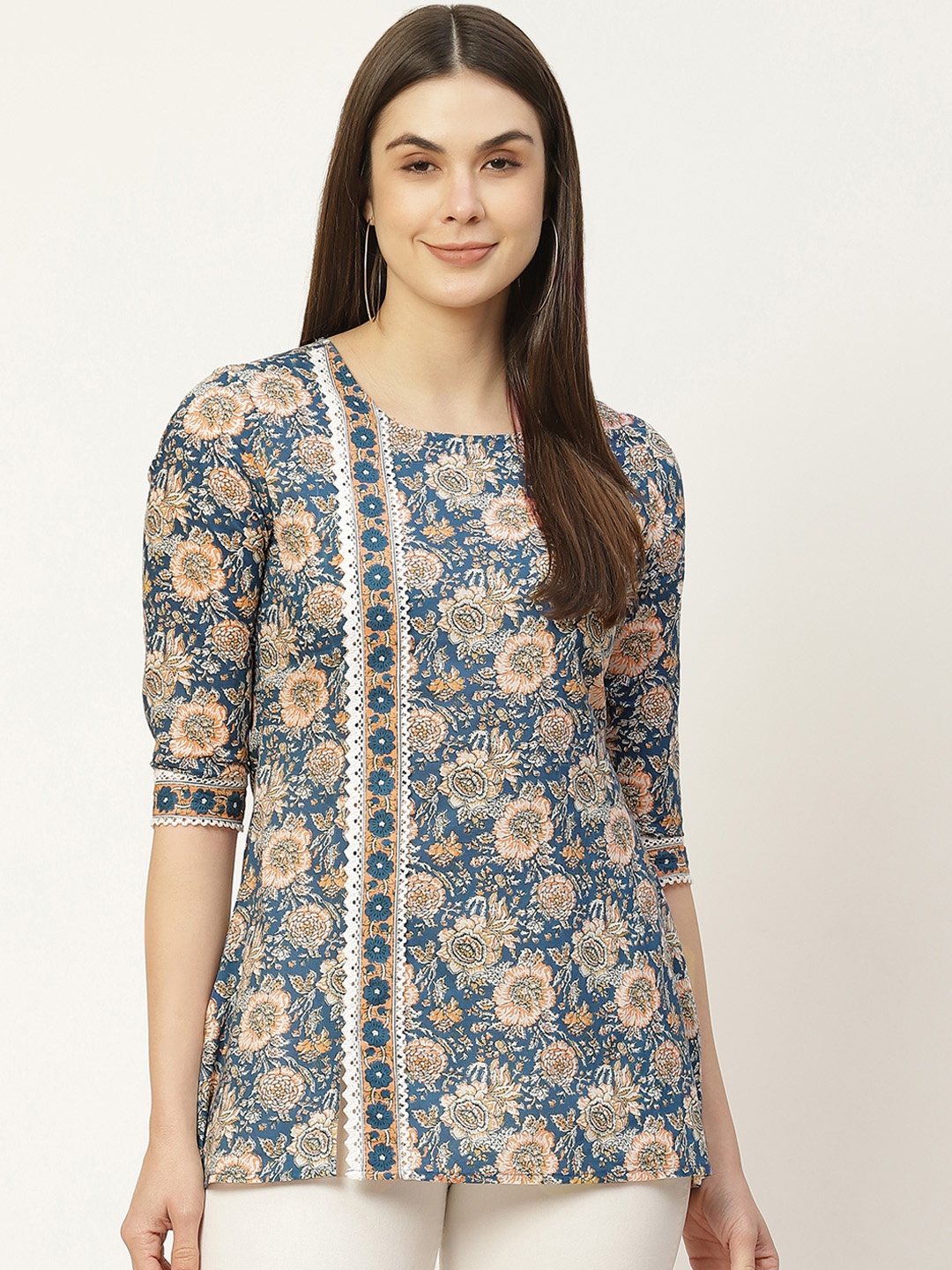 

FABRIC FITOOR Teal Blue & Beige Pure Cotton Floral Print Top