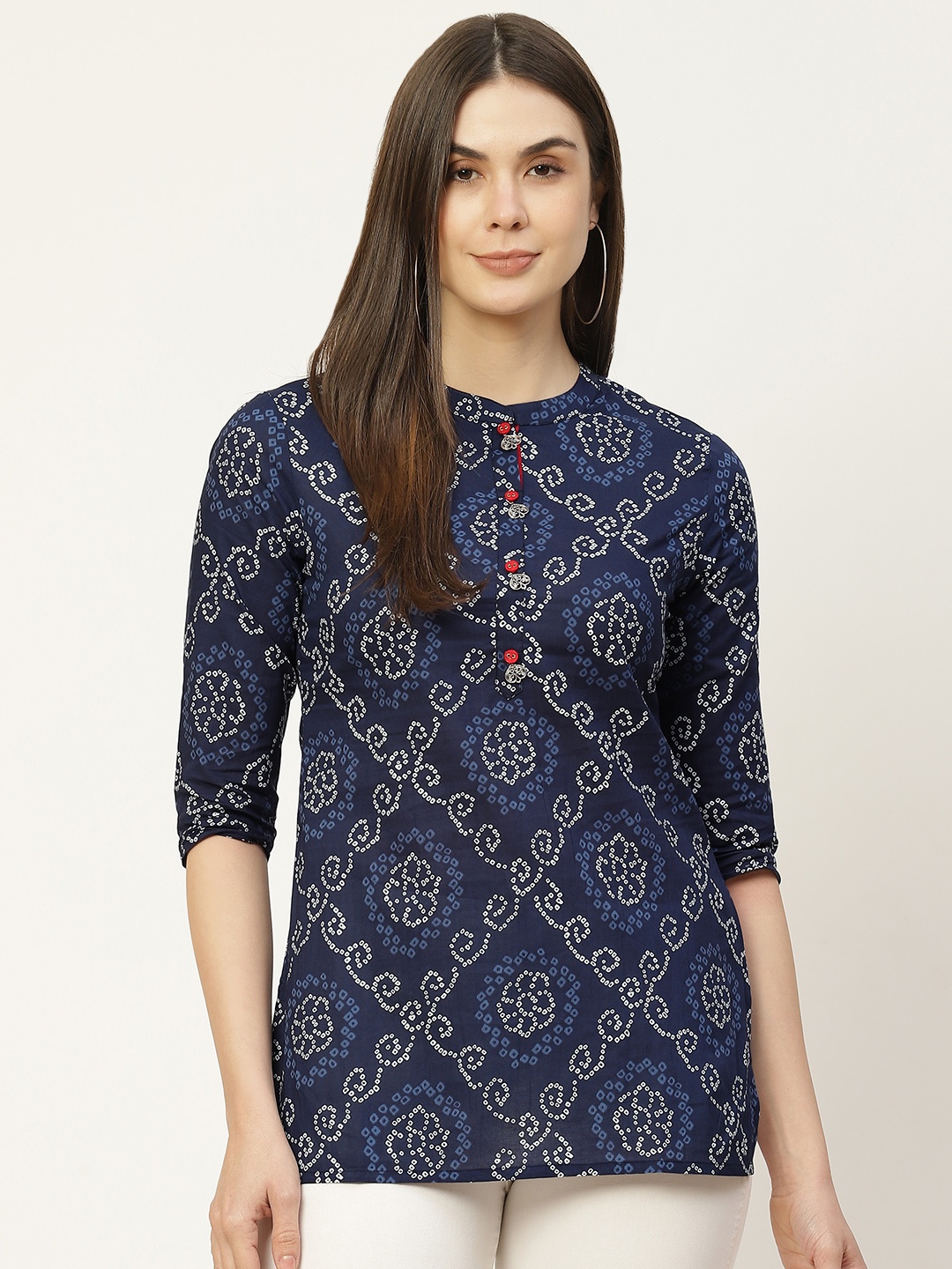 

FABRIC FITOOR Navy Blue & Off White Pure Cotton Bandhani Print Top