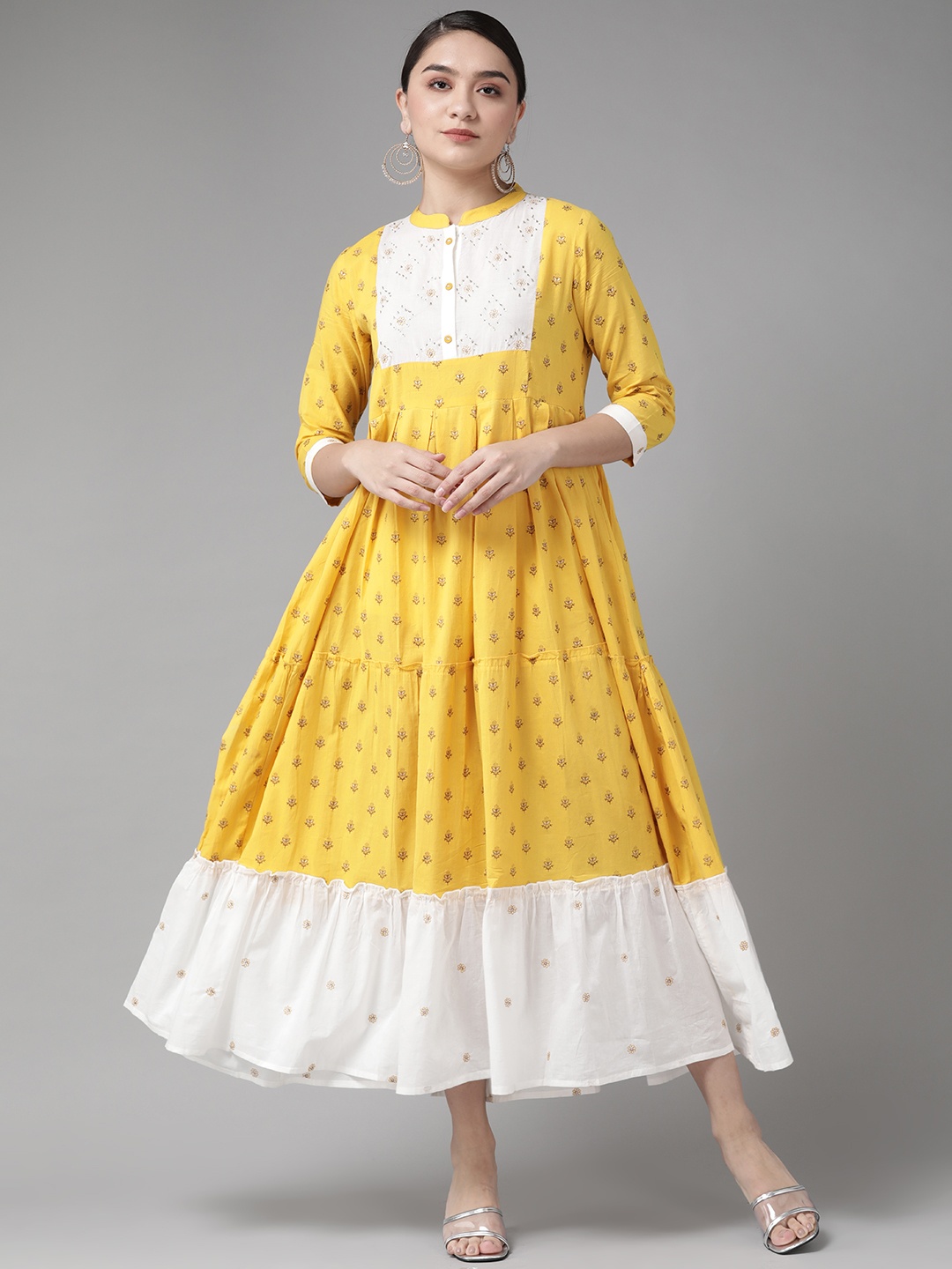 

Yufta Women Yellow & White Cotton Embellished Ethnic Motifs Print Tiered Maxi Dress