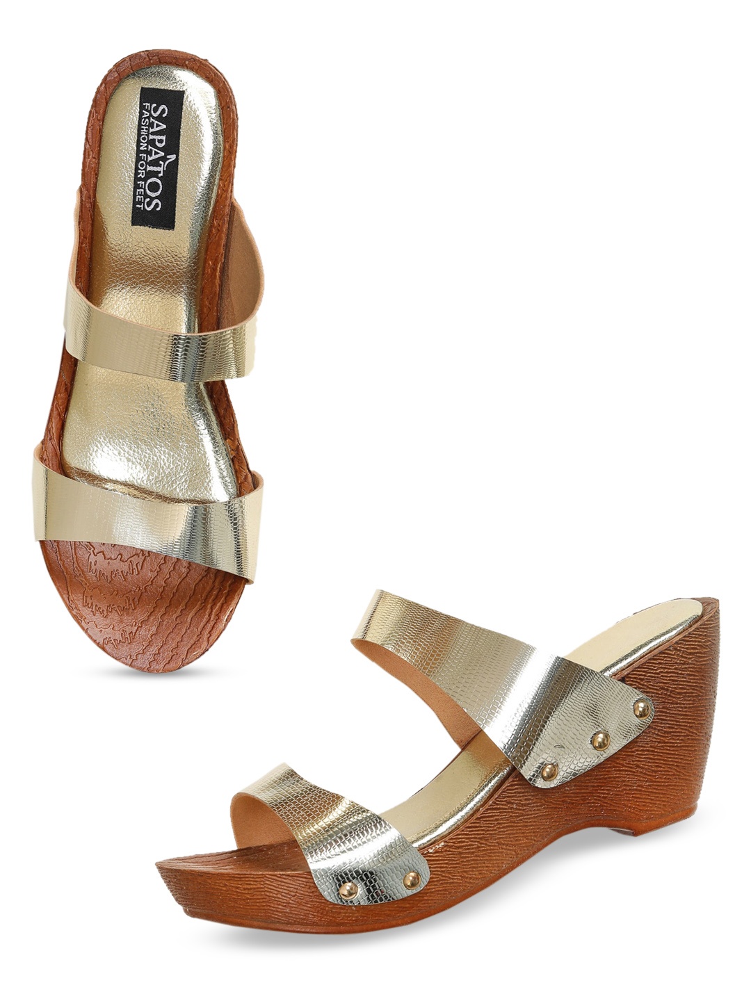 

SAPATOS Gold-Toned & Brown Wedge Sandals