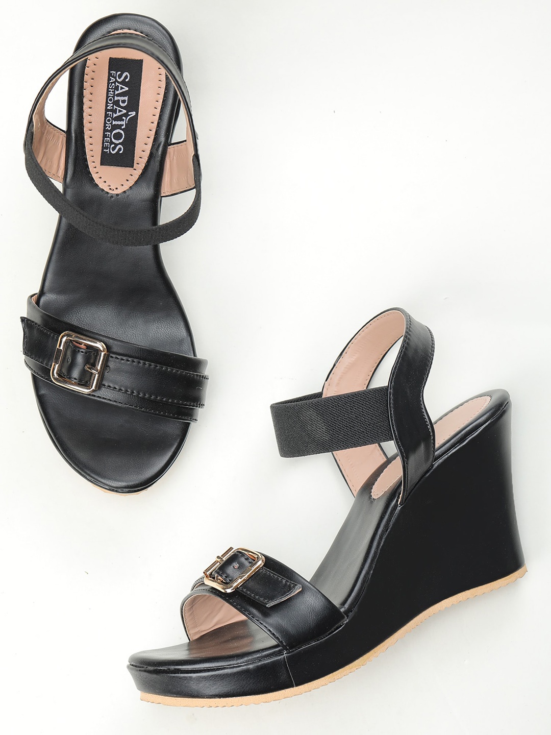 

SAPATOS Black Embellished Wedge Sandals with Buckles