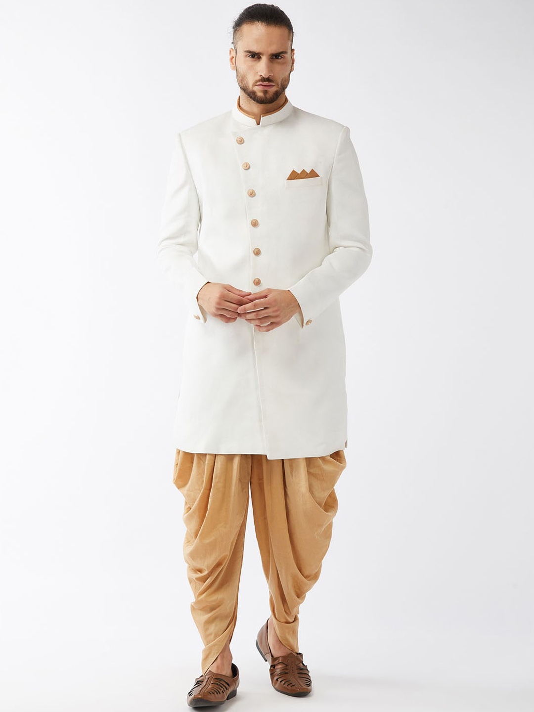 

VASTRAMAY Men White & Rose Gold-Coloured Slim-Fit Sherwani Set