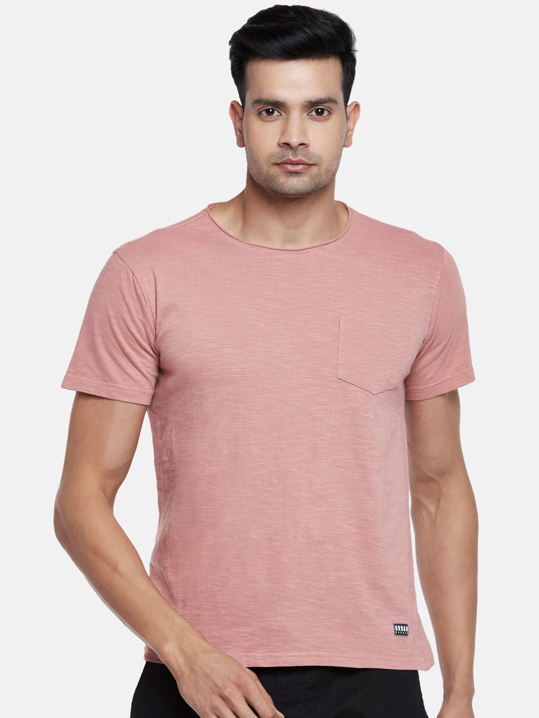 

Urban Ranger by pantaloons Men Pink Slim Fit Pure Cotton T-shirt