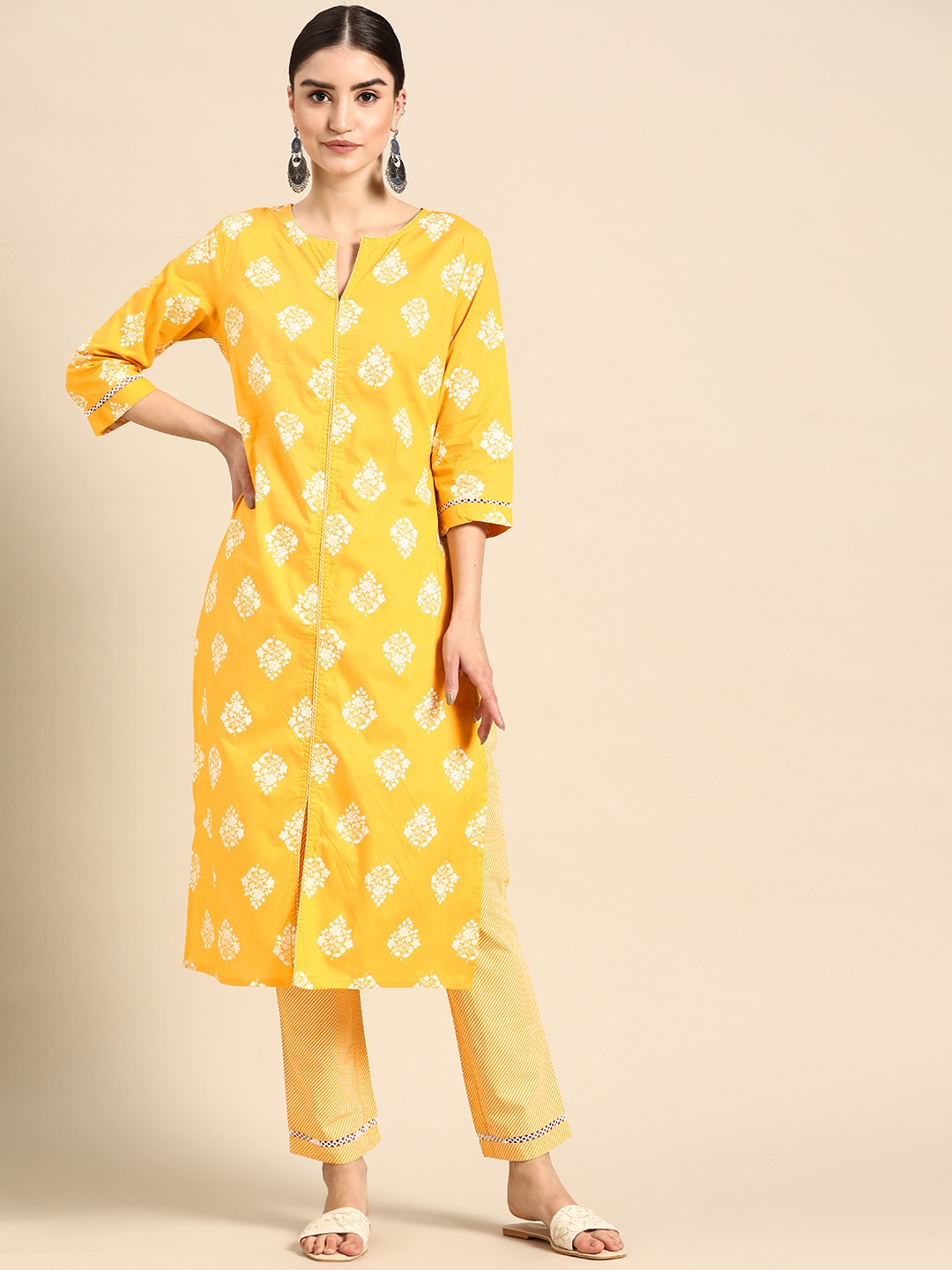 

Anouk Women Yellow Ethnic Motifs Printed Pure Cotton Kurta with Trousers