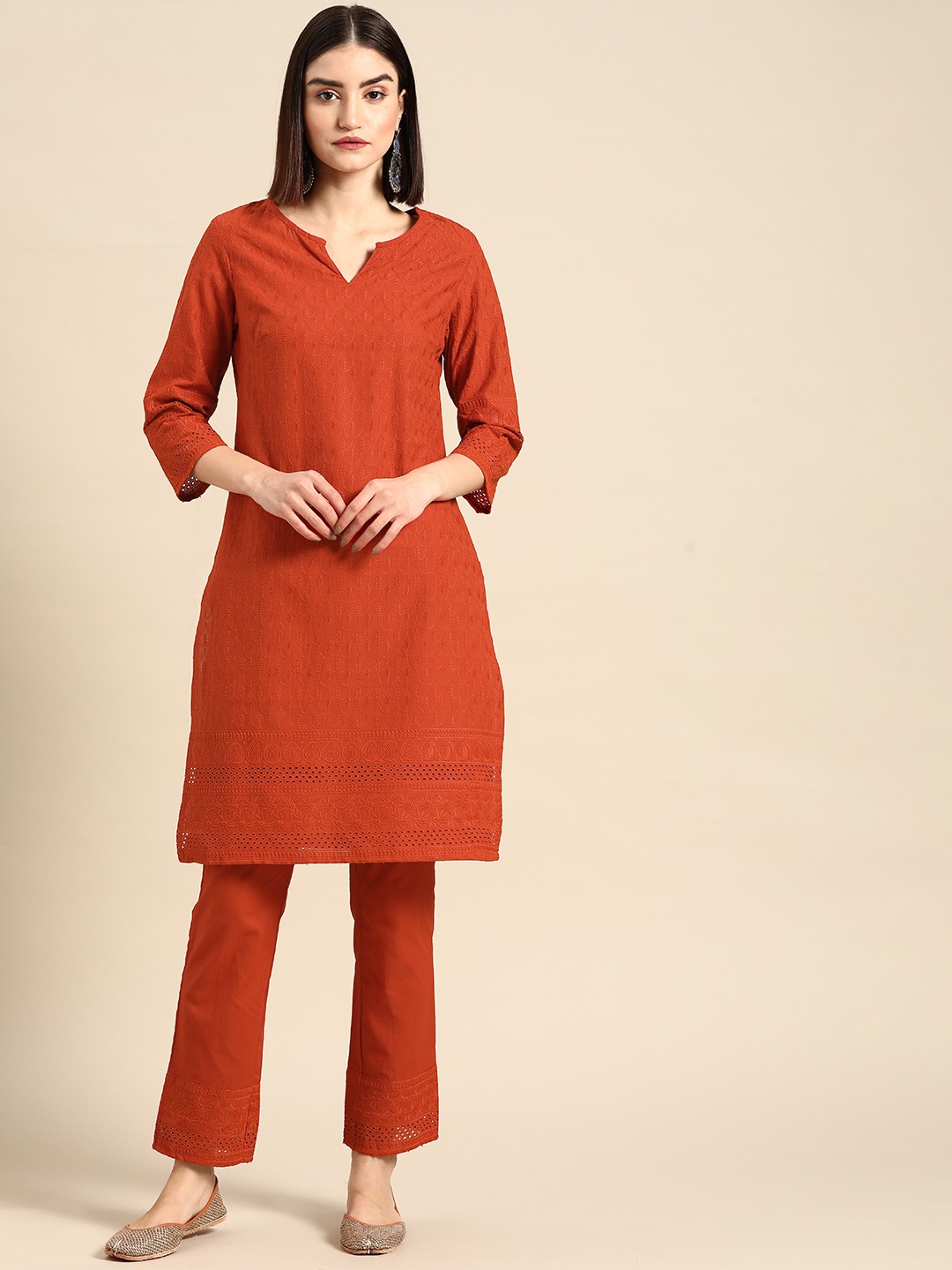

Anouk Women Red Embroidered Pure Cotton Schiffli Detail Kurta with Trousers