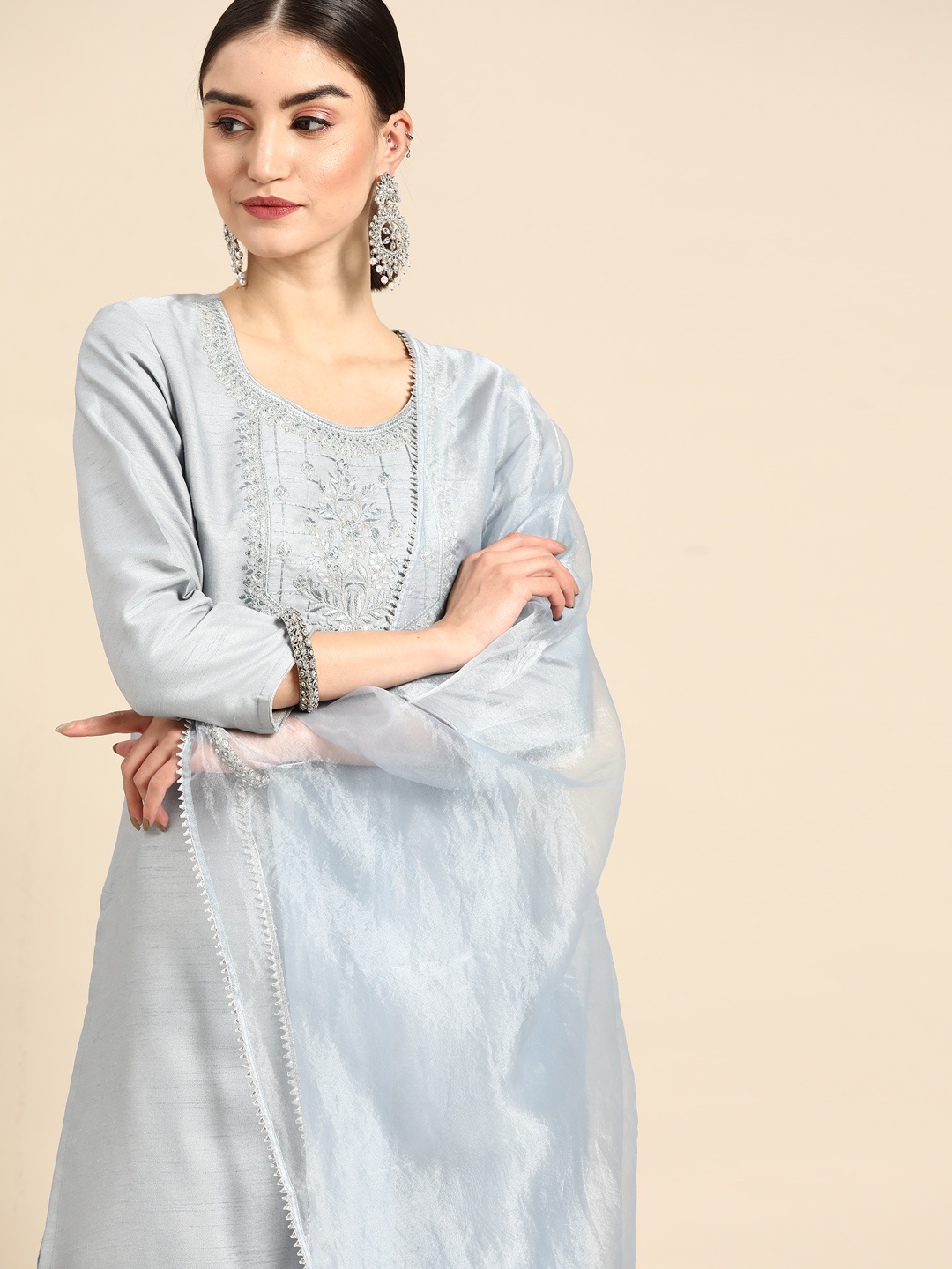 

Anouk Women Blue Ethnic Motifs Embroidered Kurta with Trousers & With Dupatta
