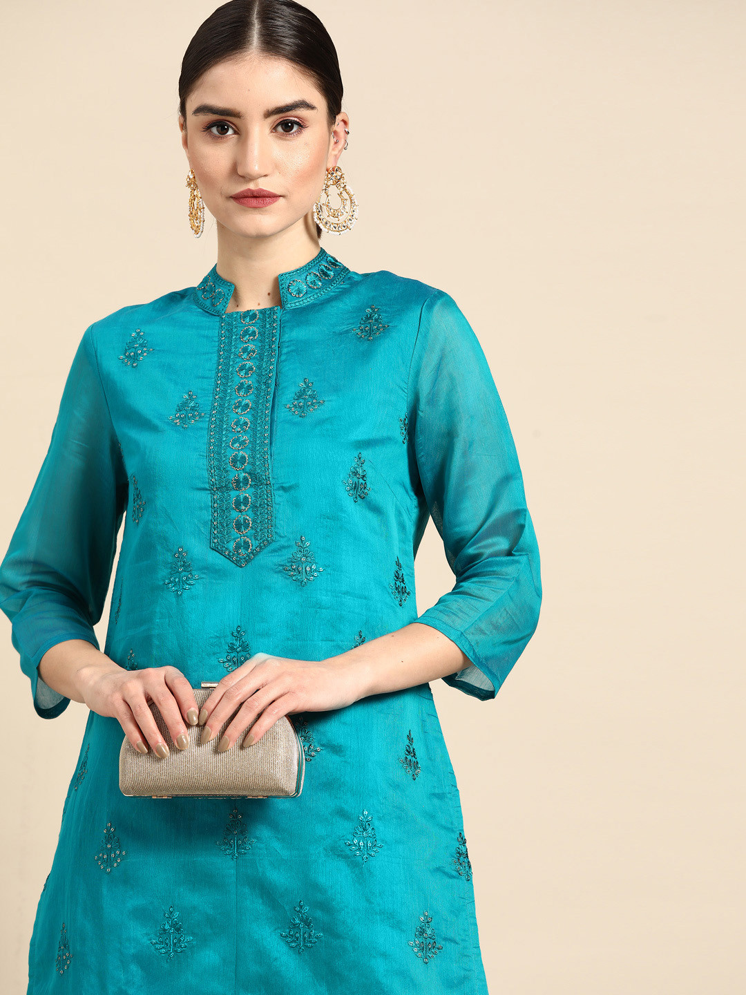 

Anouk Women Navy Blue Embroidered Kurta with Trousers