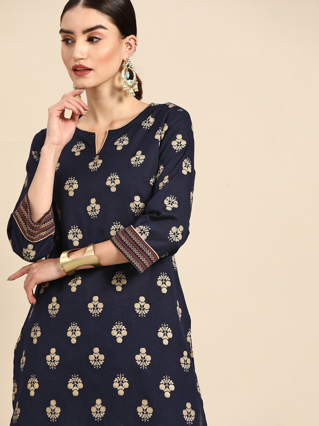 

Anouk Women Navy Blue & Beige Ethnic Motifs Yoke Design Kurta with Trousers
