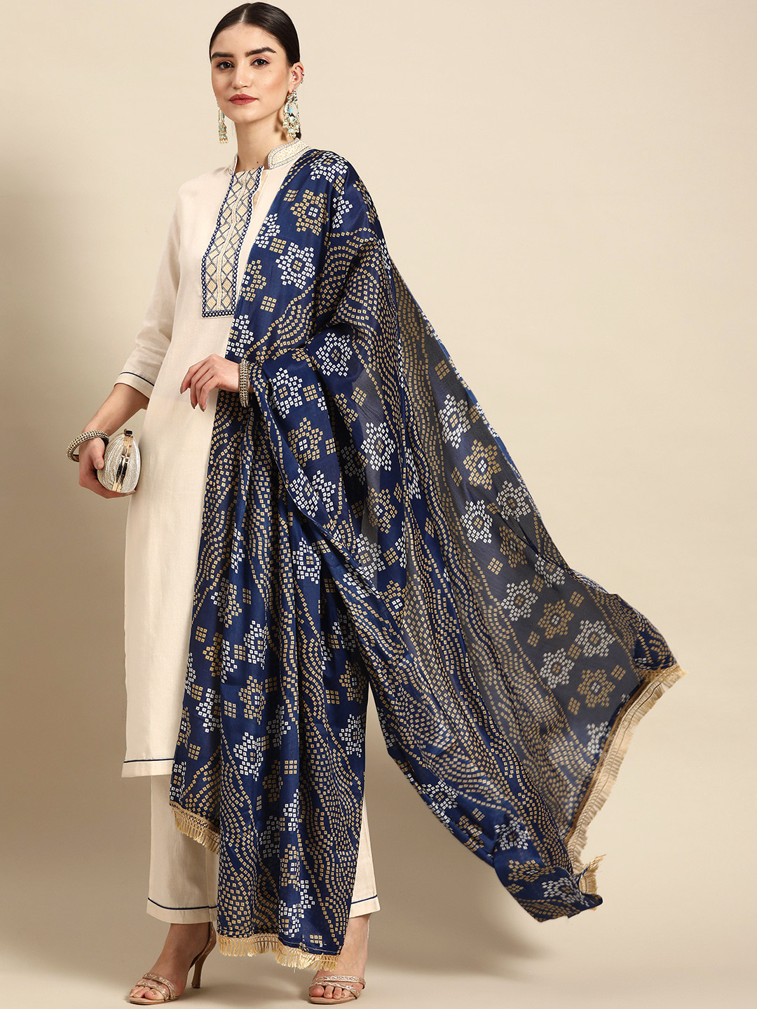 

Anouk Women Off White & Blue Ethnic Motifs Yoke Design Kurta Set