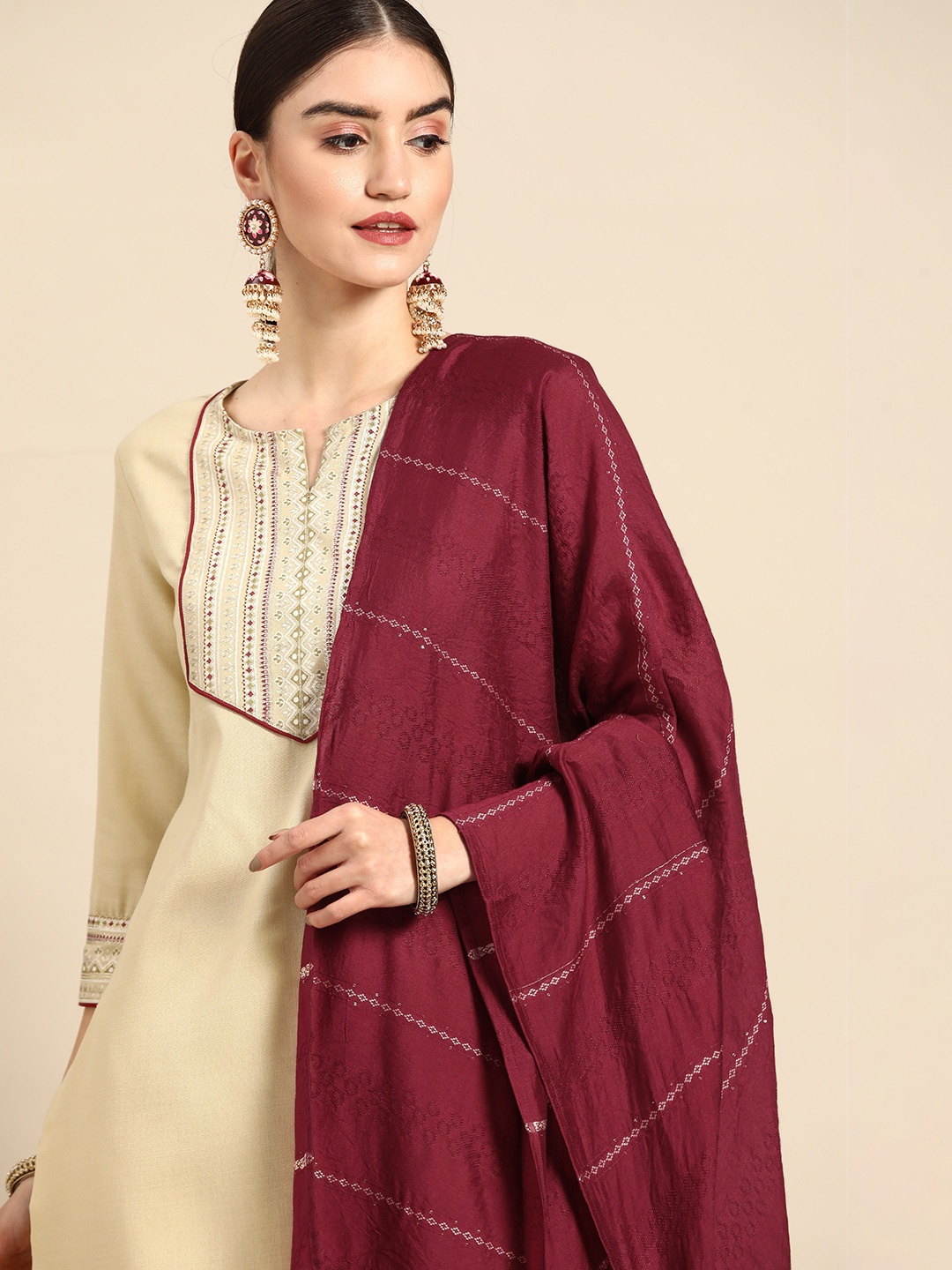 

Anouk Women Beige & Maroon Ethnic Motifs Yoke Design Kurta with Trousers & With Dupatta