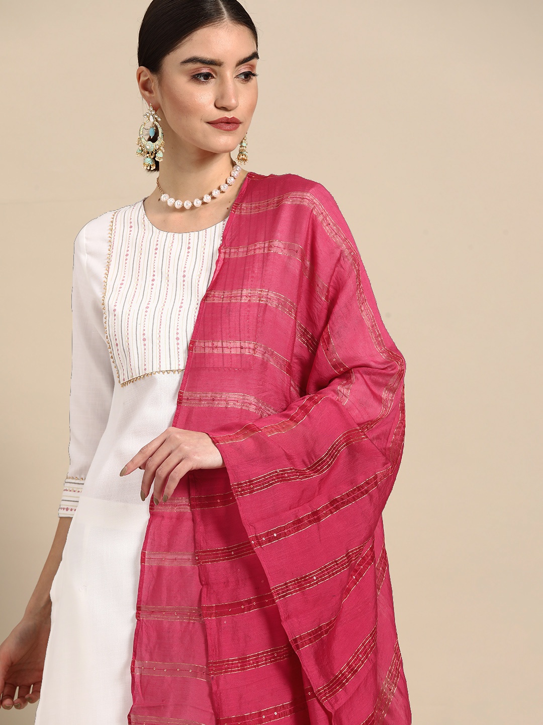 

Anouk Women White Yoke Design Kurta with Trousers & With Dupatta