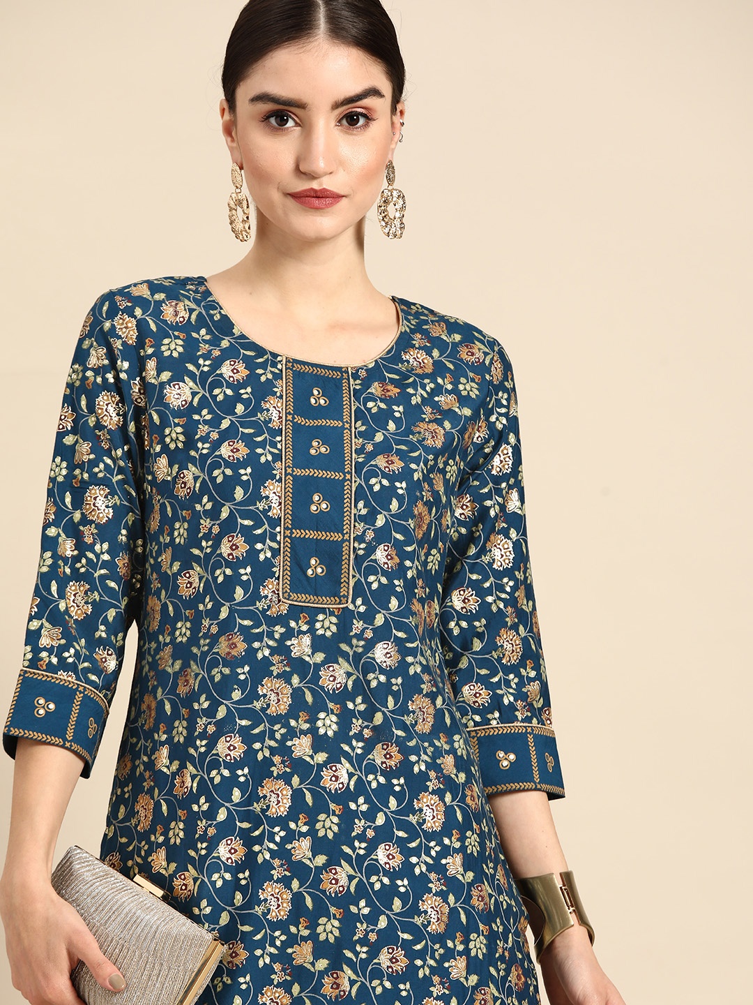 

Anouk Women Teal Blue & White Ethnic Motifs Printed Kurta with Trousers