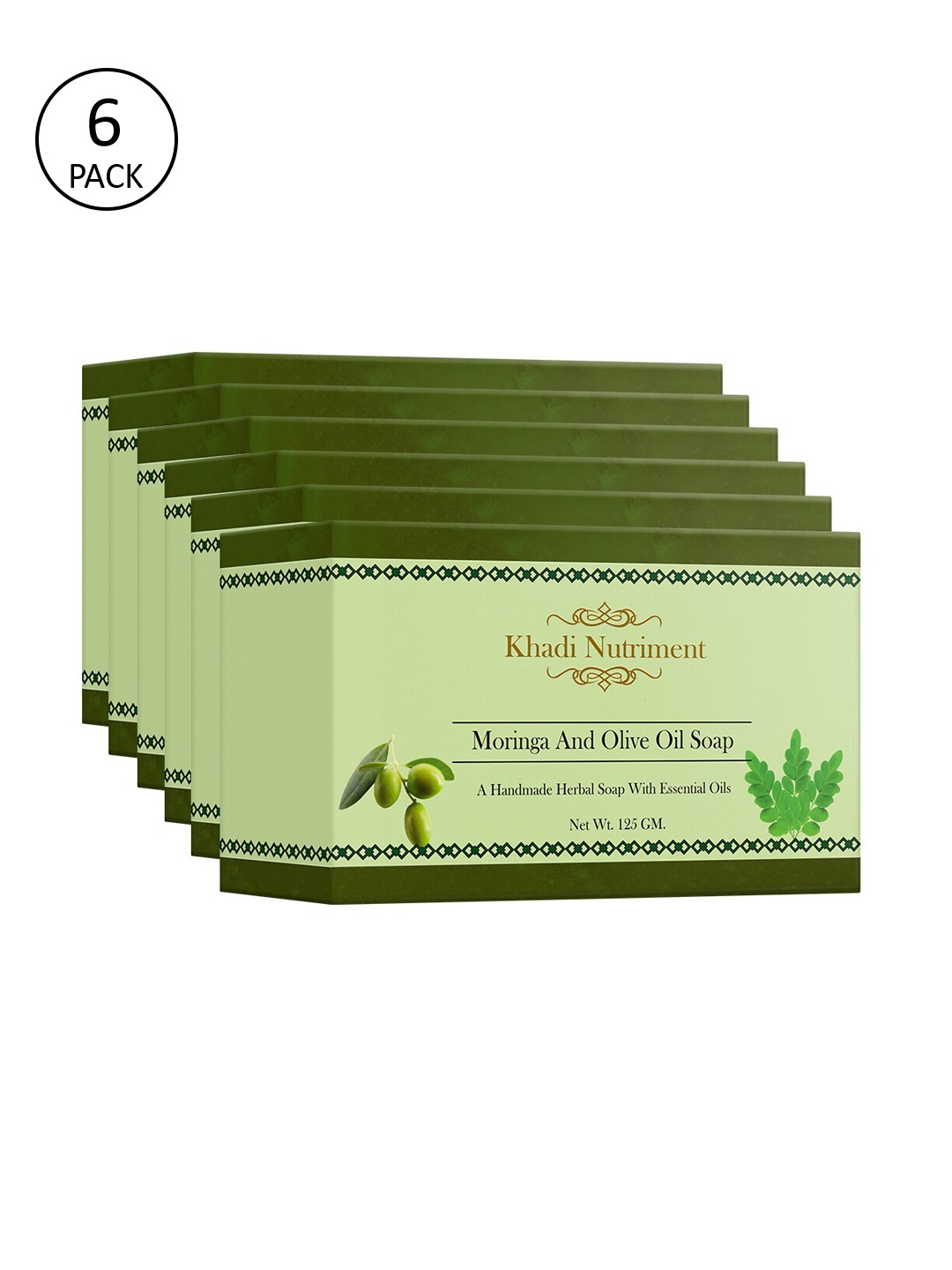 

Nutriment Set of 6 Khadi Moringa and Olive Oil Soap 750 gm, Green