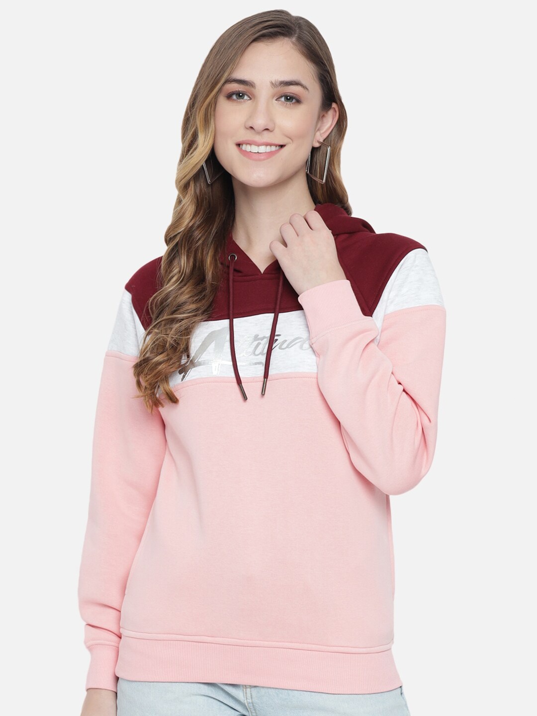 

ANTI CULTURE Women Peach-Coloured & White Colourblocked Hooded Sweatshirt