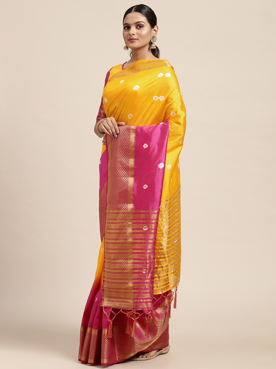

Mitera Yellow & Pink Bandhej Print Tie & Dye Saree