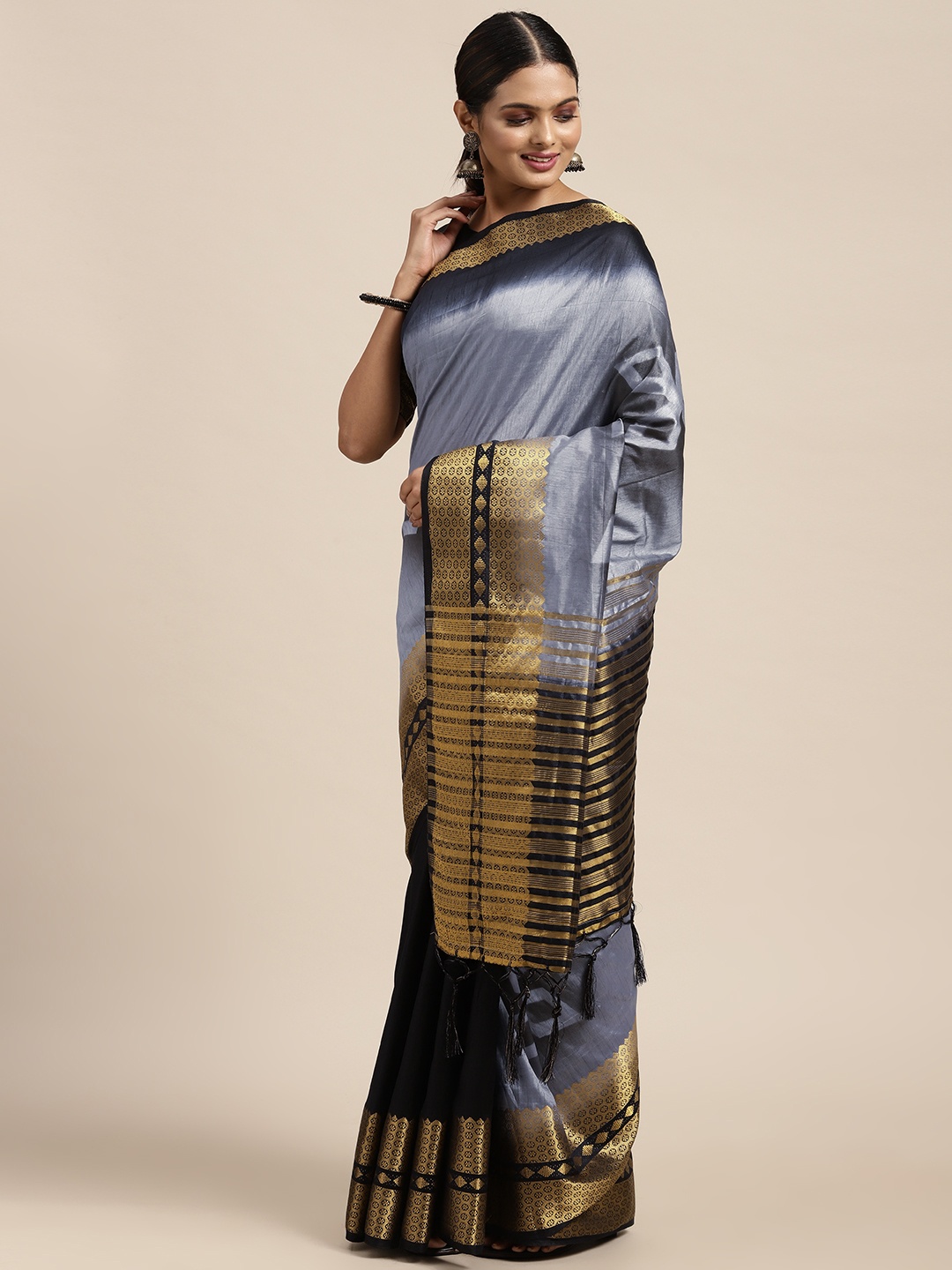 

Mitera Grey & Navy Blue Tie and Dye Half and Half Saree