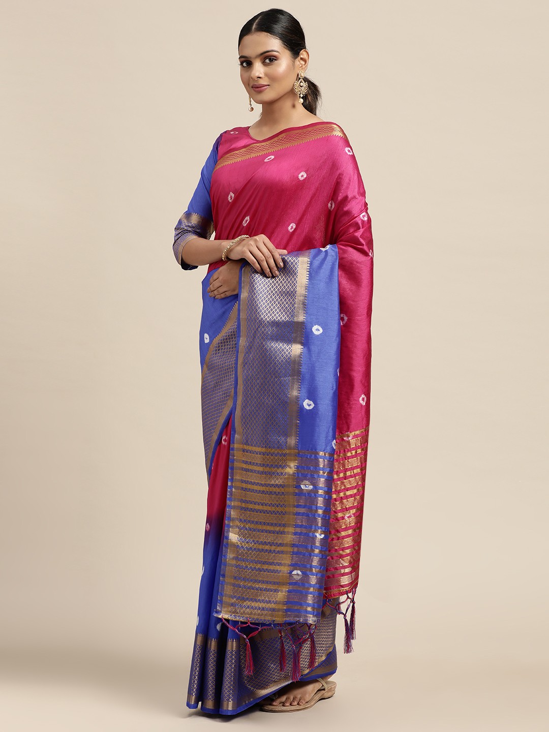 

Mitera Pink & Blue Bandhej Print Tie and Dye Saree