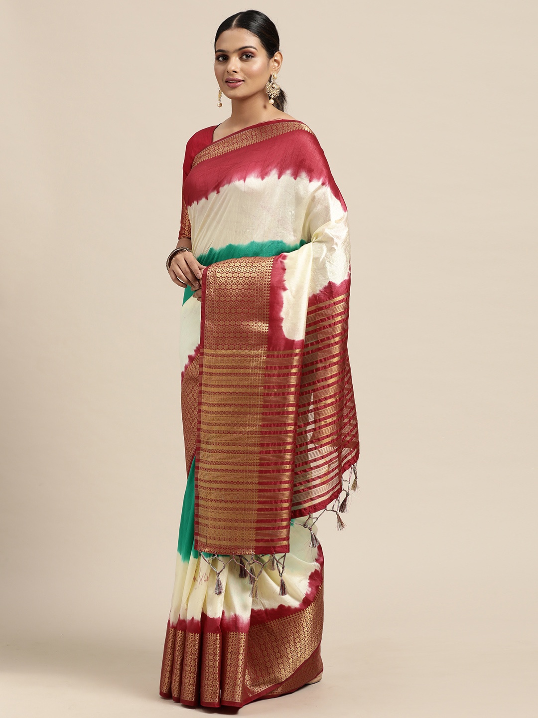 

Mitera Multicoloured Tie and Dye Zari Nylon Silk Saree, Multi