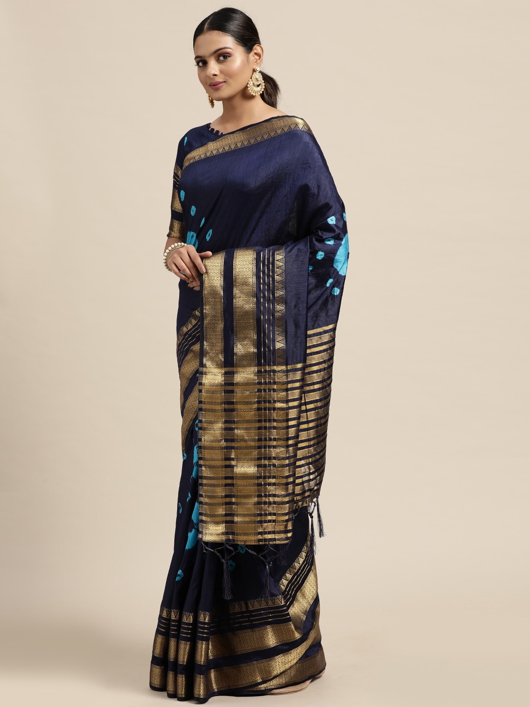 

Mitera Navy Blue & Gold-Toned Bandhej Print Zari Nylon Silk Saree