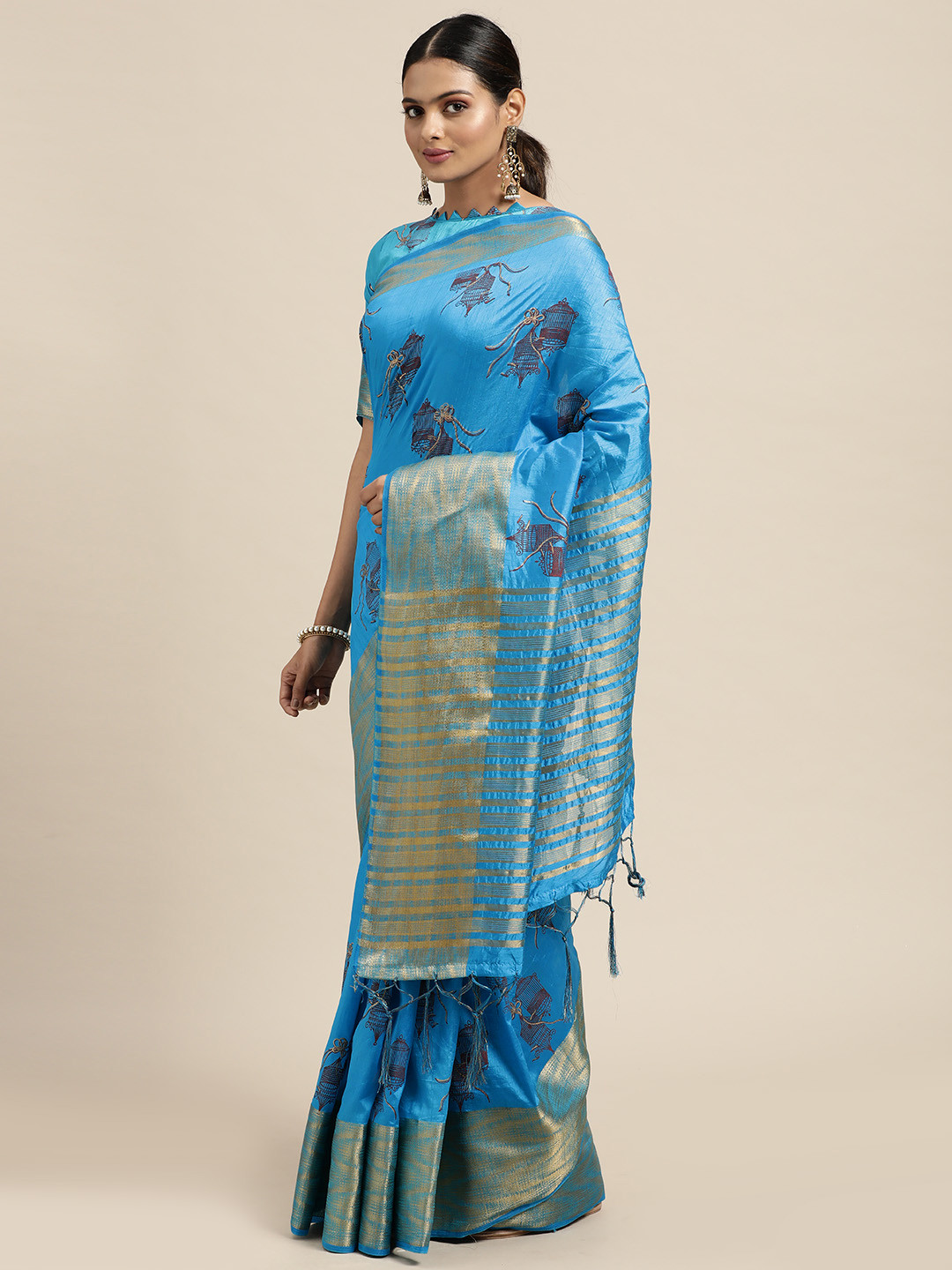 

Mitera Blue & Gold-Toned Abstract Printed Zari Nylon Silk Saree