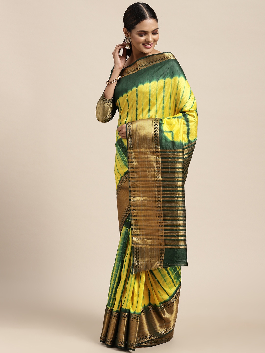 

Mitera Green & Yellow Tie and Dye Leheriya Saree