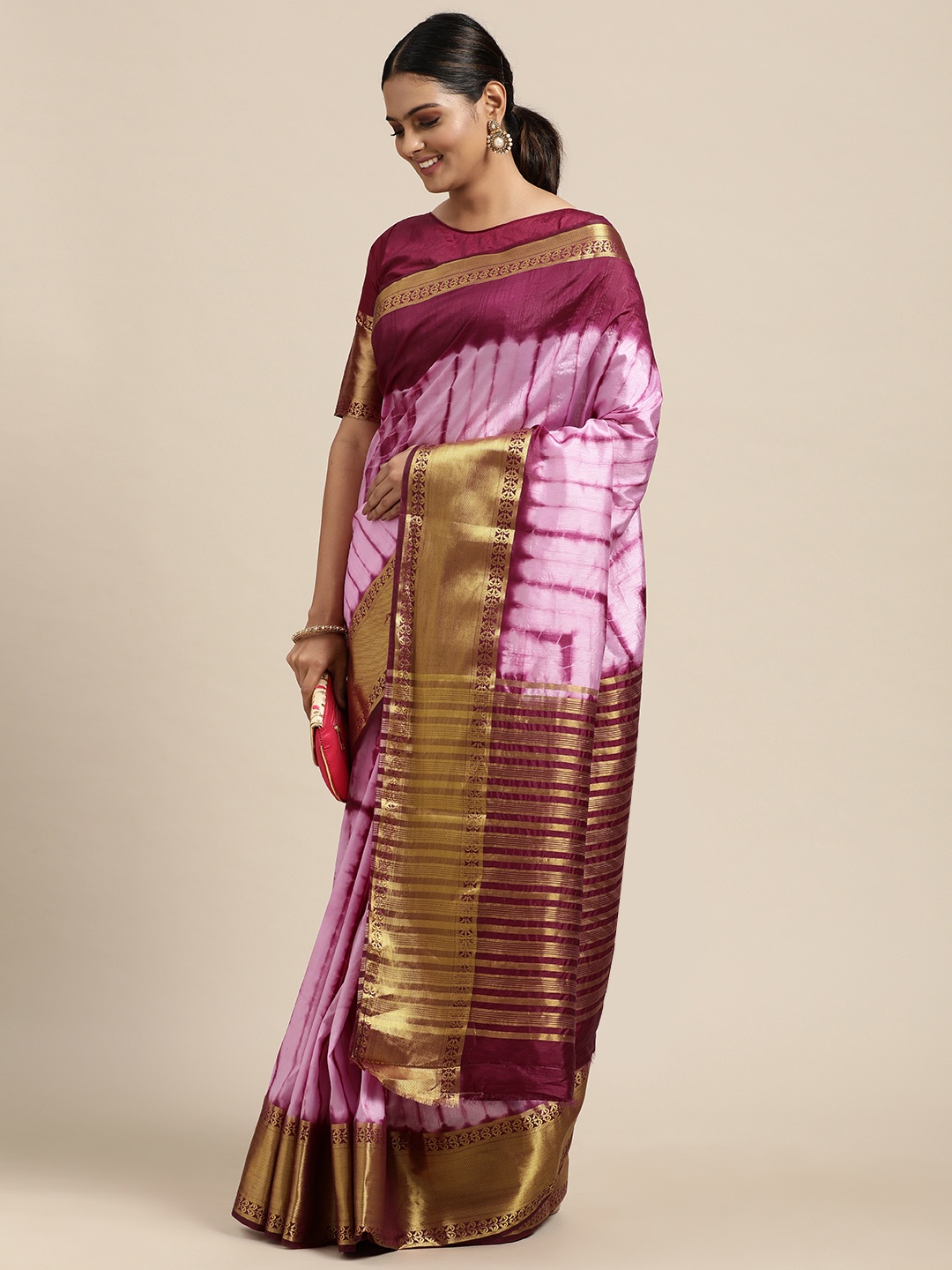 

Mitera Pink & Gold-Toned Tie and Dye Leheriya Saree