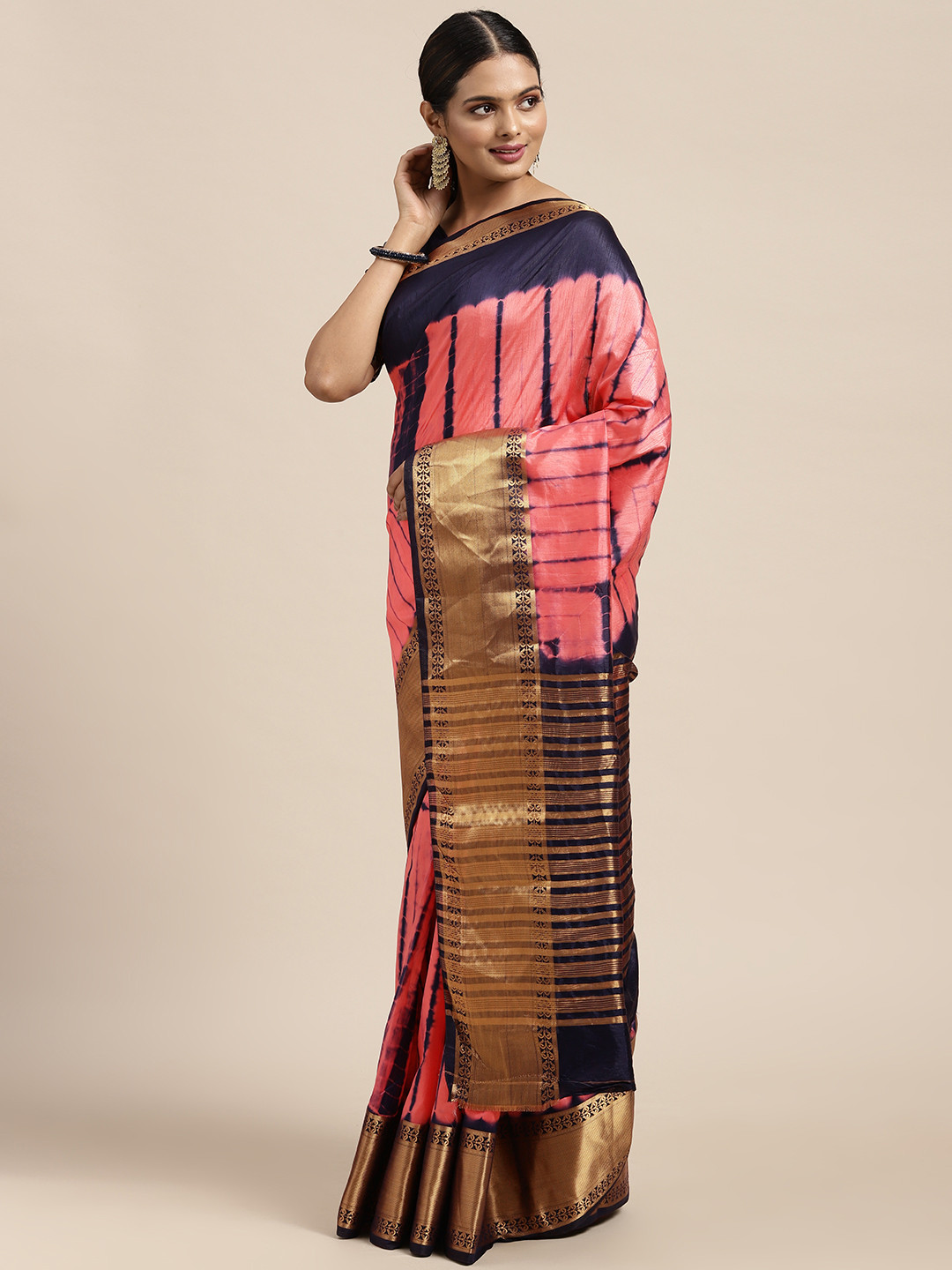 

Mitera Navy Blue & Pink Tie and Dye Leheriya Saree