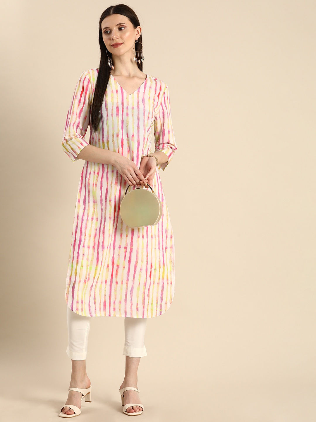 

Anouk Women Multicoloured V-Neck Striped A-Line Kurta With Knot Detail, Multi