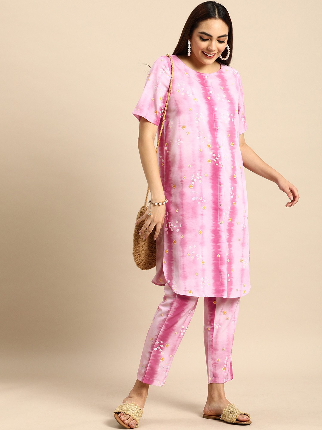 

Anouk Women Pink Floral And Tie And Dye Printed Kurta with Trousers