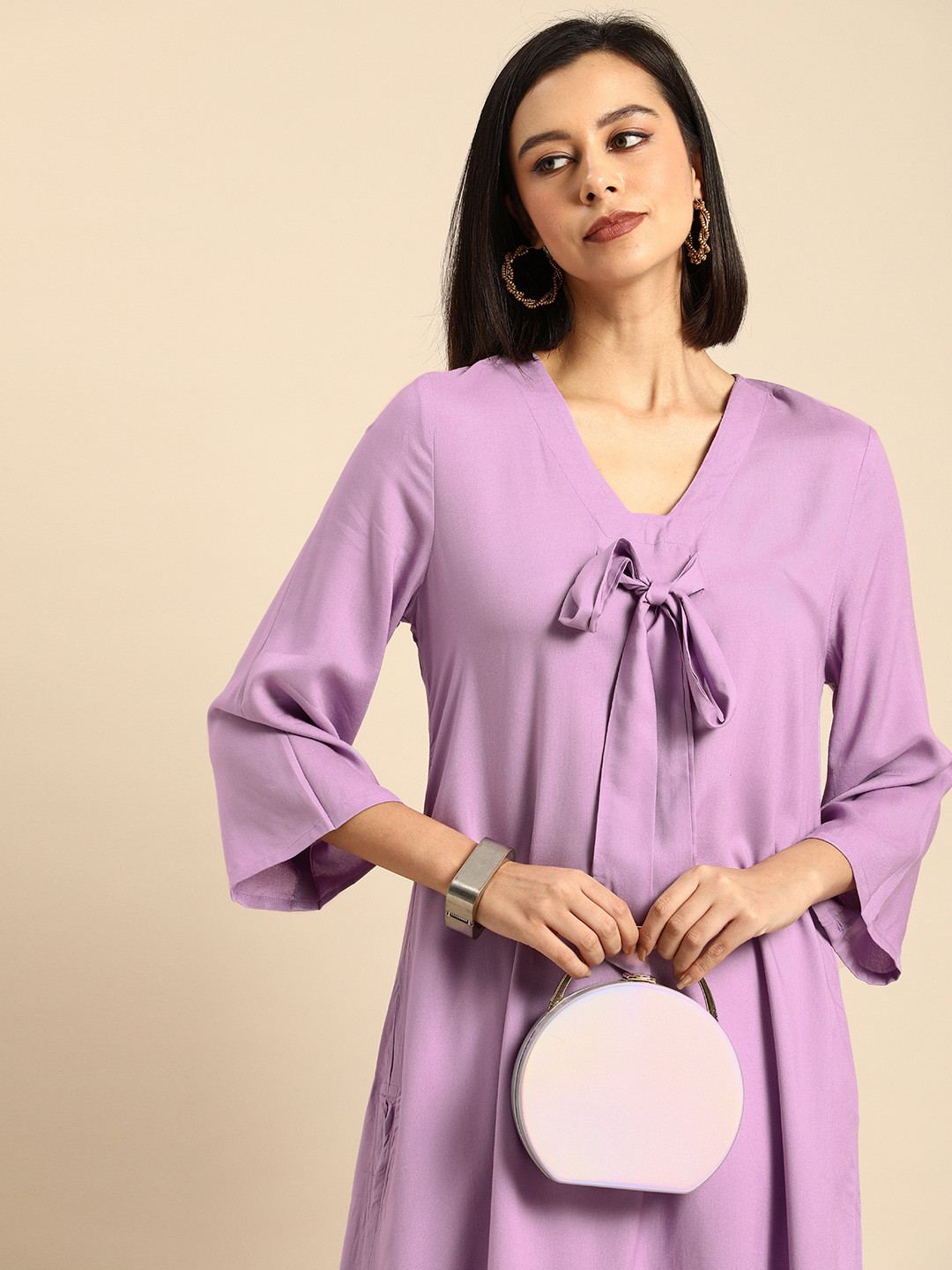

Anouk Women Lavender Solid V-Neck Pure Cotton A-Line Kurta With Tie-Up Detail