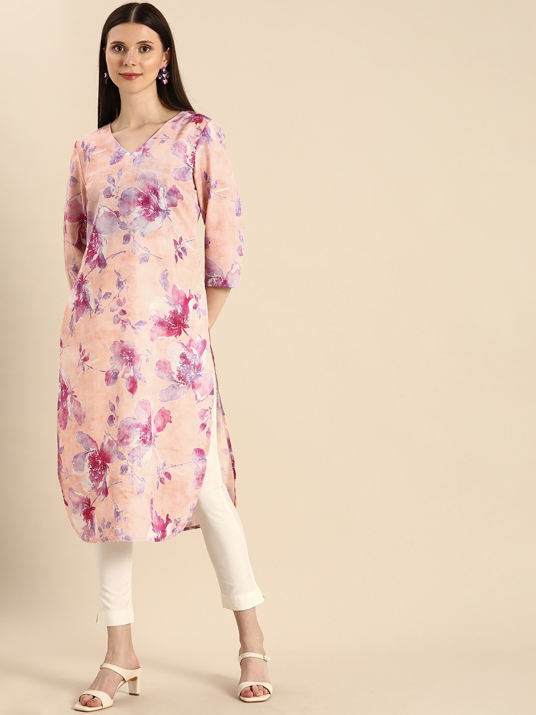 

Anouk Women Peach-Coloured & Purple Floral Printed A-Line Kurta With Knot Detail