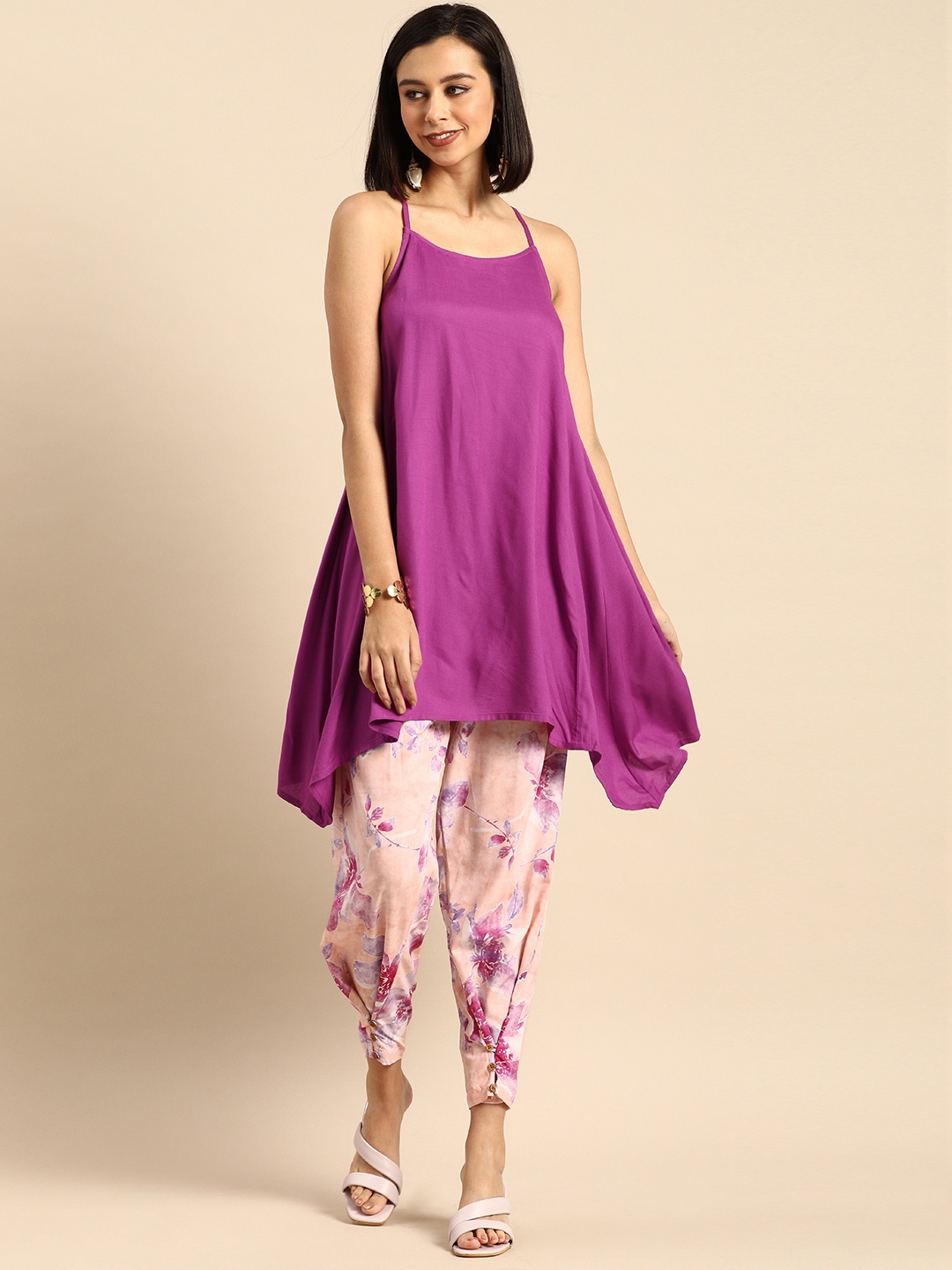 

Anouk Women Pink Solid Shoulder Strap Kurta with Printed Dhoti Pants