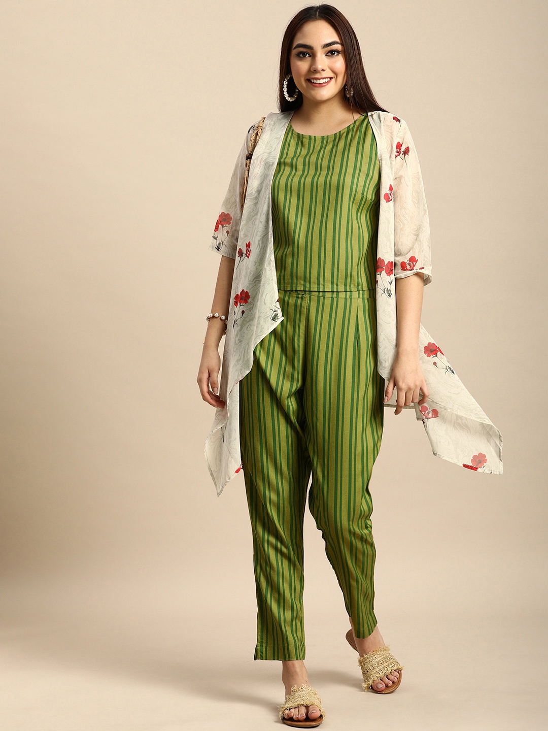 

Anouk Women Green Striped Top with Trousers & Shrug