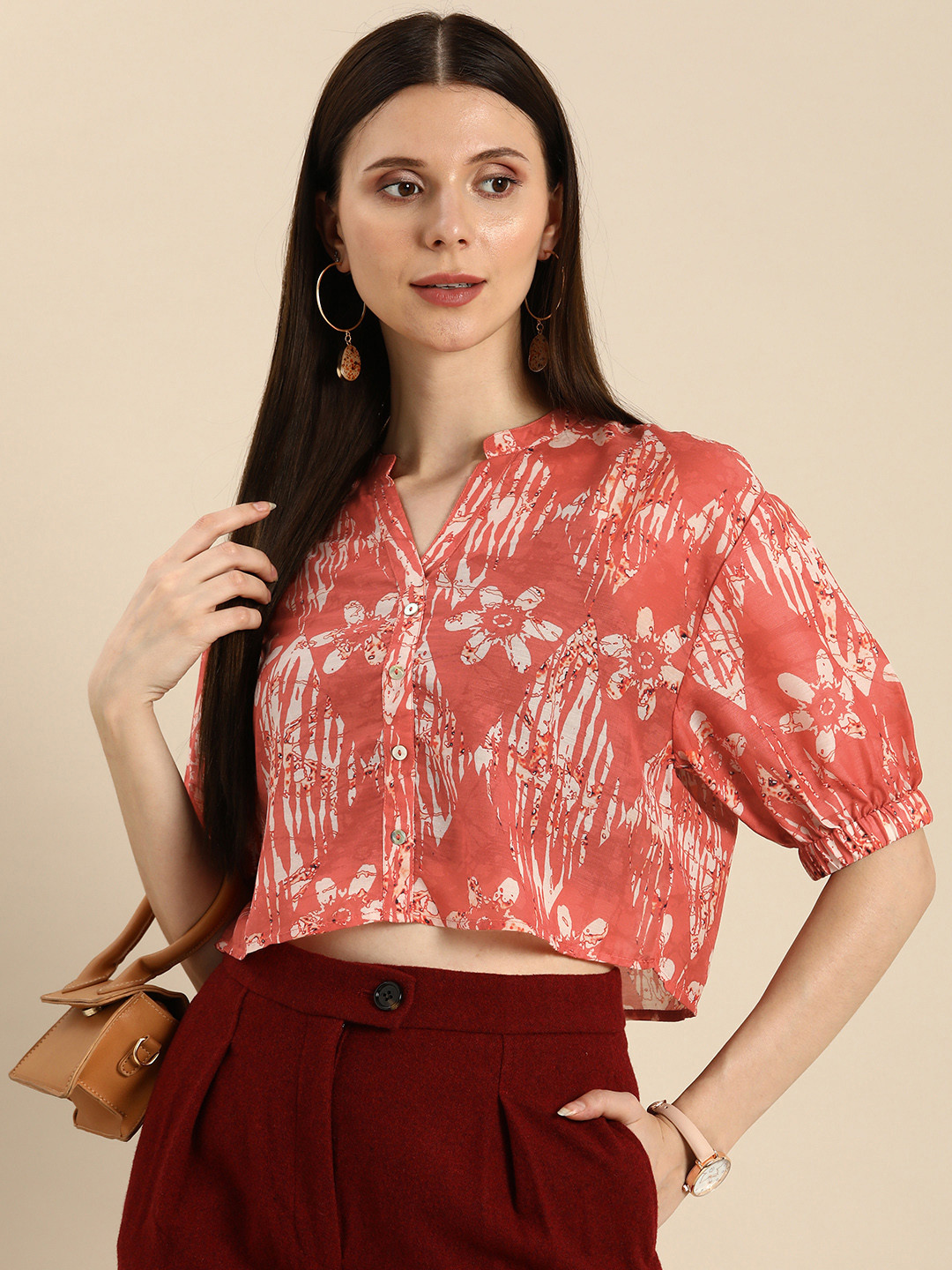 

Anouk Rust & Cream-Coloured Floral Print Puff Sleeves Crop Top